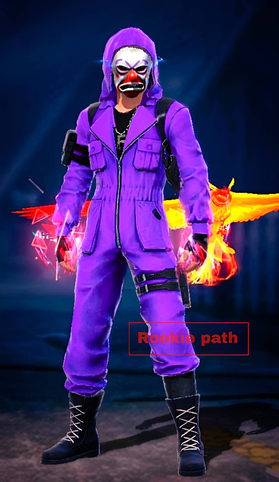 遊戲角色穿著紫色連身衣，帶有火焰翅膀和小丑面具。 — Free Fire 壁紙