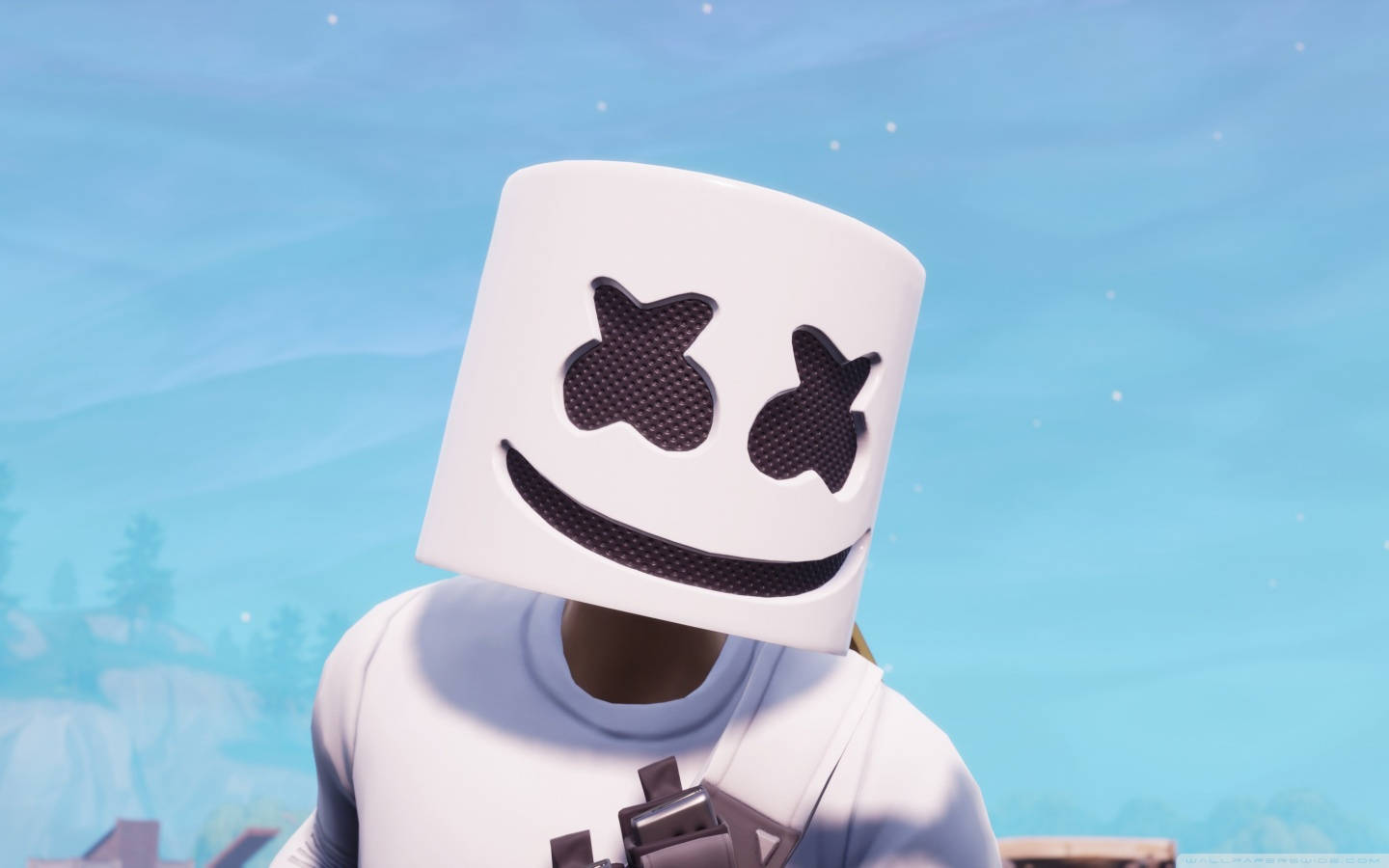 遊戲角色戴白色棉花糖頭盔，星星眼睛和微笑。 — Fortnite 壁紙