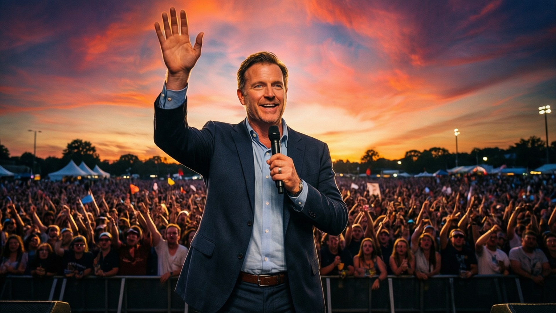 Sunset Rally Speech 壁紙 — 一位有魅力的演講者在火熱的日落天空下，在戶外活動中向歡呼的人群揮手。