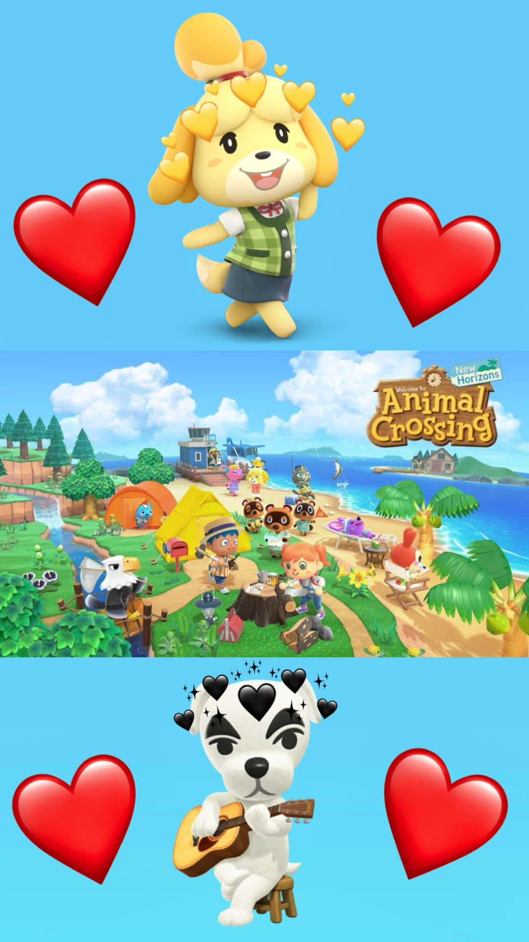  壁紙 — 一個開心的Animal Crossing角色，擁有心形頭髮，在紅色心形之間跳舞，上方是充滿活力的島嶼村莊場景，下方有村民和一隻彈吉他的狗。