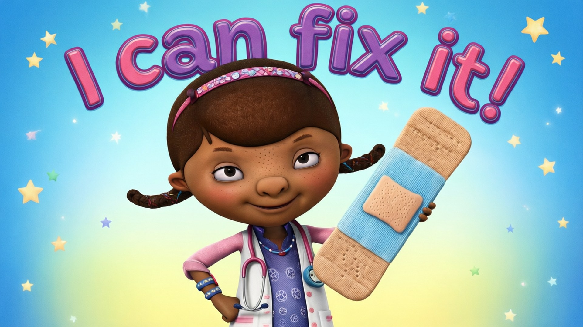 Doc McStuffins I Can Fix It 壁紙 — 一個開心的動畫女孩穿著醫生服，在星空藍天下拿著一個大繃帶，上面有文字「我可以修好它！」。