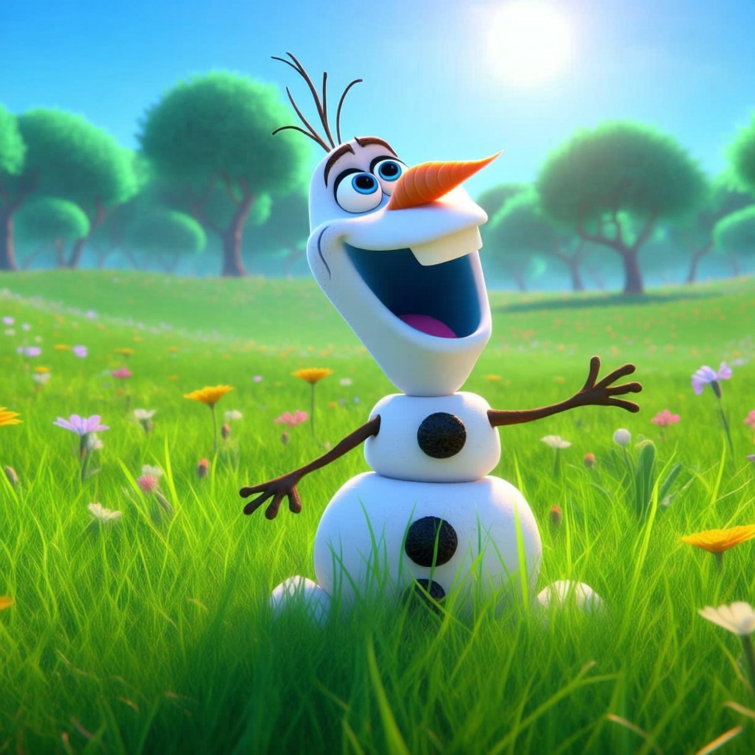 Olaf's Summer Dream 壁紙 — 一個快樂的動畫雪人，有胡蘿蔔鼻子和樹枝手臂，在陽光明媚、充滿彩色野花的草地上歡笑。