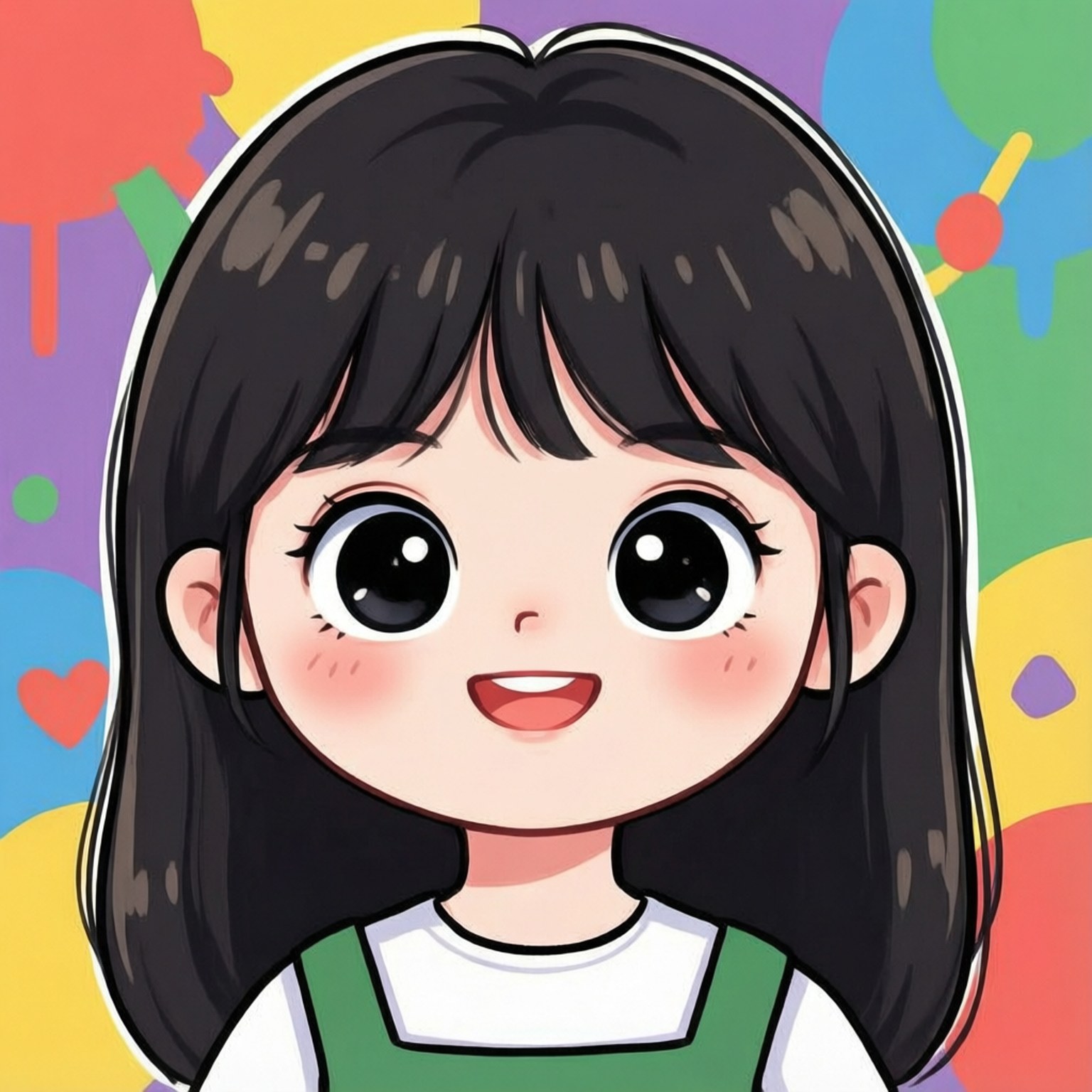 薇薇 桌布 壁紙 — 一個開心的動漫女孩，大眼睛和黑髮，對著充滿活力的抽象背景微笑。