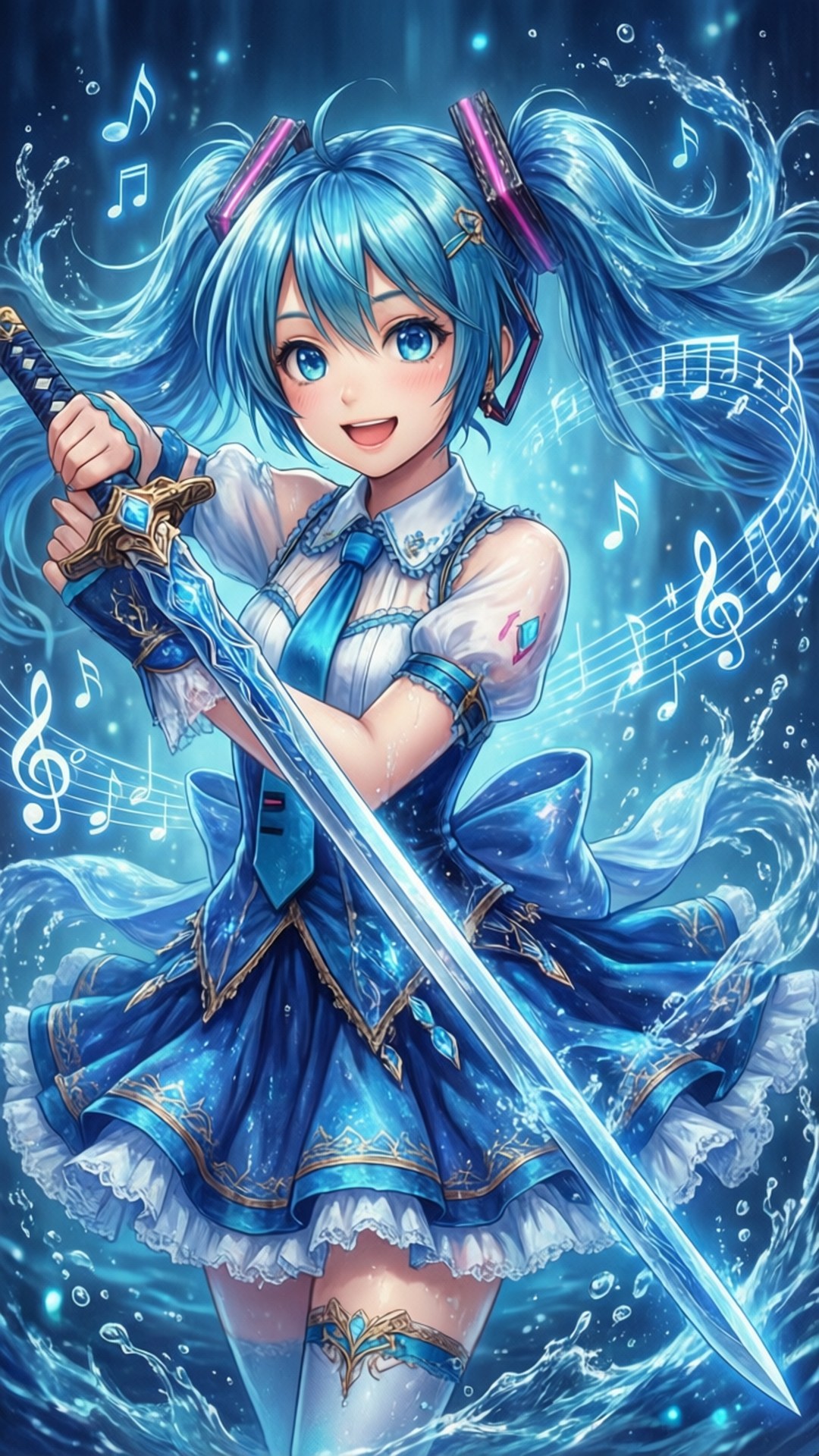 Swordswoman Sayaka 壁紙 — 一個開心的藍髮動漫女孩在旋轉的水和漂浮的音符中揮舞著發光的劍。