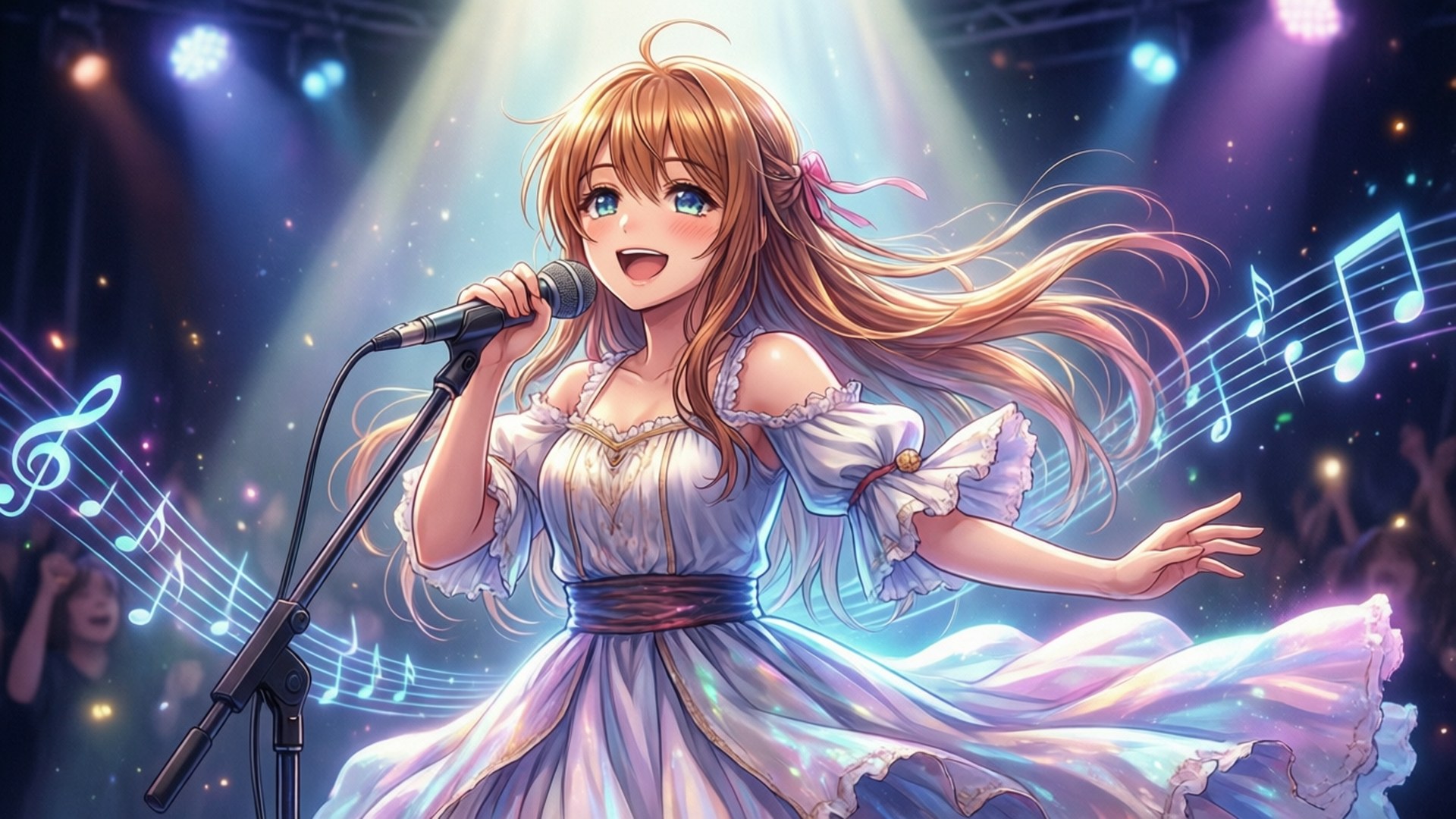Belldandy's Song 壁紙 — 一個開心的動漫女孩，飄逸的金髮，在充滿活力的舞台燈光下對著麥克風唱歌，發光的音符在她周圍旋轉。