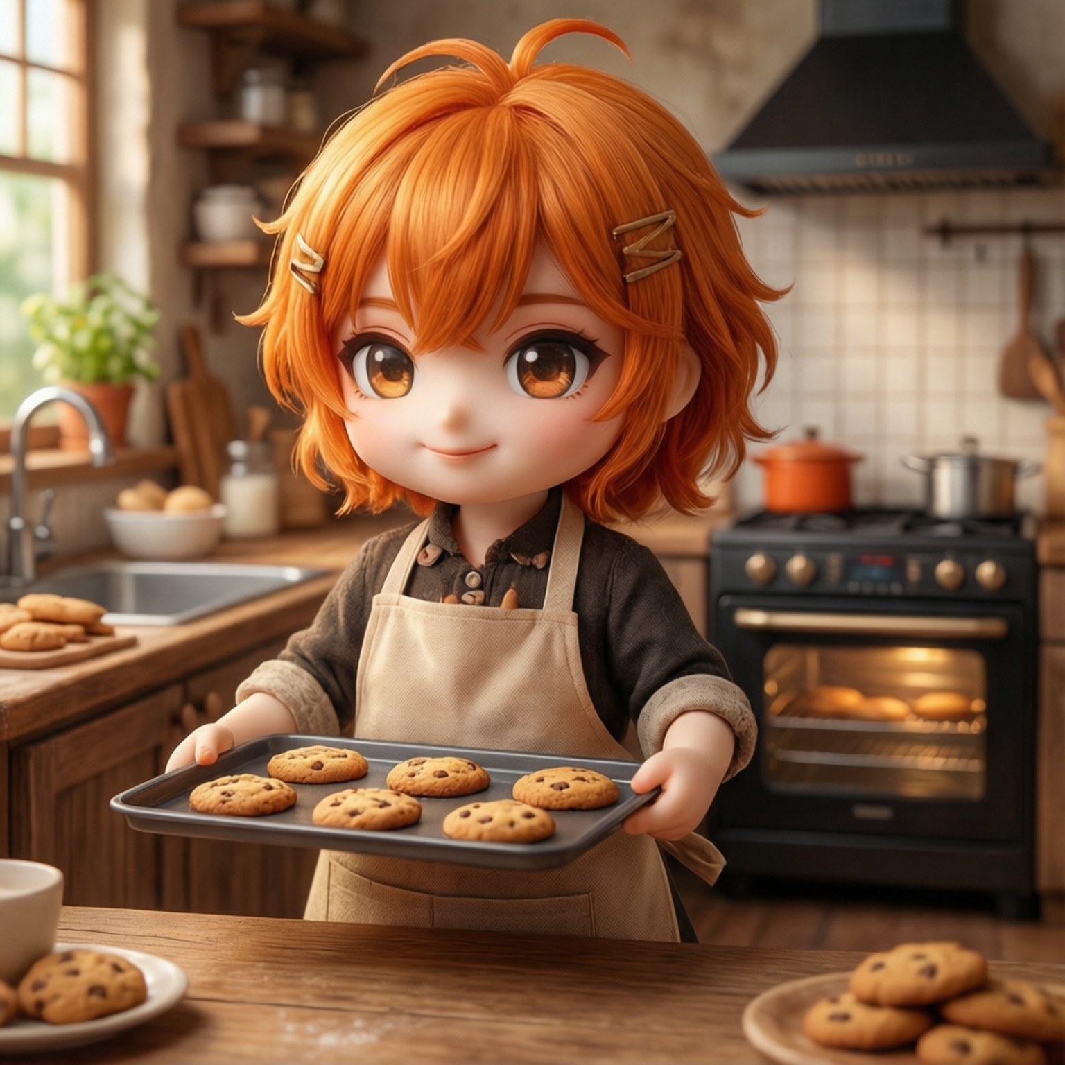 Baking Fresh Cookies 壁紙 — 一個開朗的動漫風格女孩，橙色頭髮，在溫暖的木質廚房裡拿著一托盤新鮮出爐的巧克力餅乾。