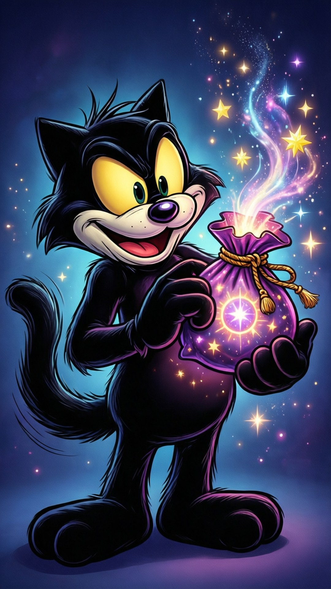 菲利克斯貓 桌布 壁紙 — 一隻開心的黑色卡通貓拿著一個發光的紫色魔法袋，在宇宙夜空下灑出閃閃的星星。