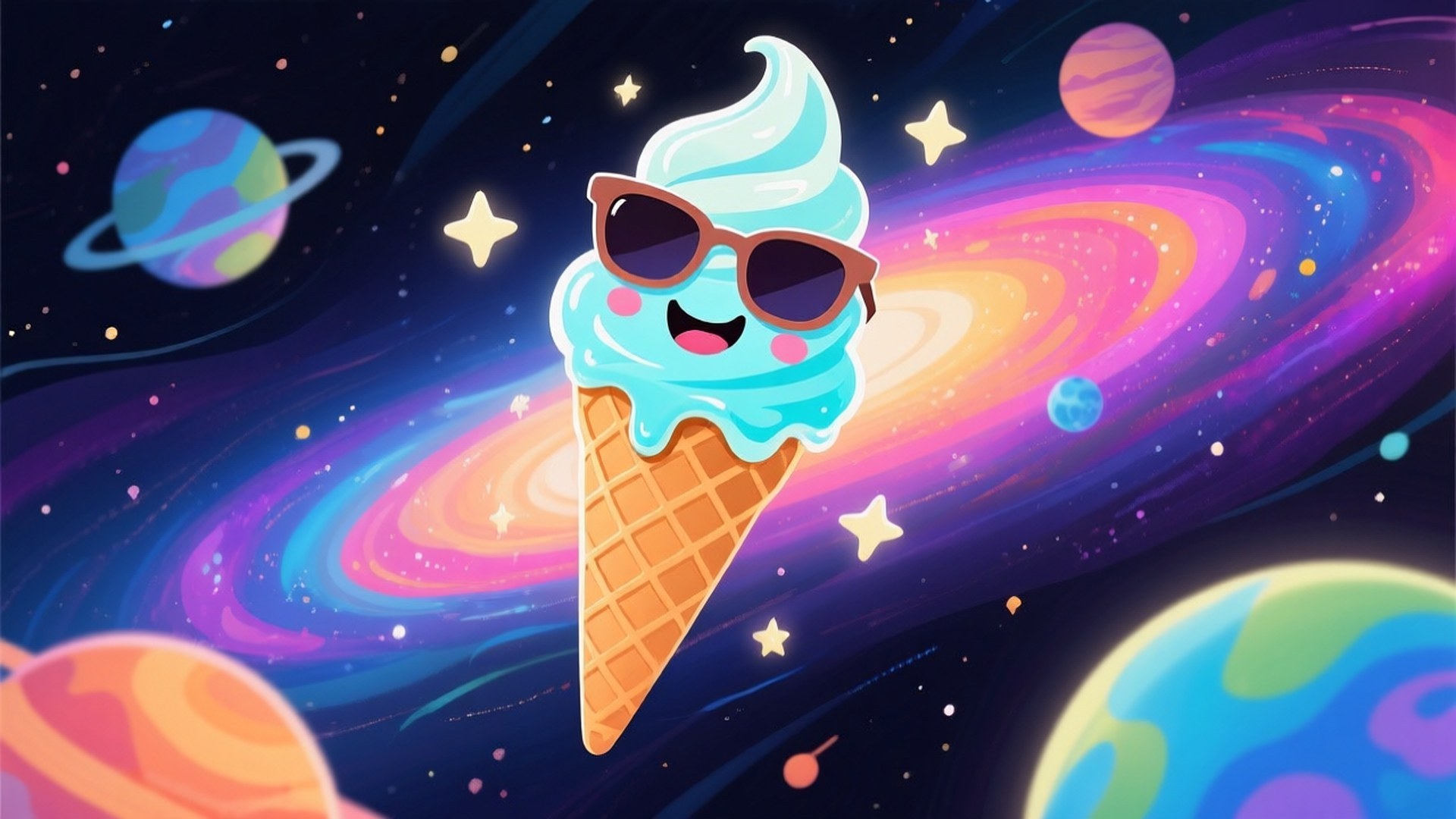 Cosmic Cool Treat 壁紙 — 一個戴著太陽眼鏡的開心藍色冰淇淋甜筒，愉快地漂浮在充滿色彩繽紛行星和星星的充滿活力的宇宙星系中。