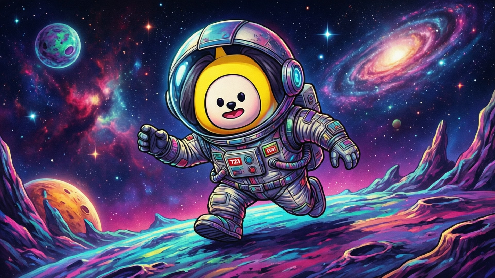 Chimmy Space Explorer 壁紙 — 一個快樂的卡通太空人，黃色面孔，在星空宇宙天空下探索充滿活力的外星行星，天空中有旋轉的星系和彩色星雲。