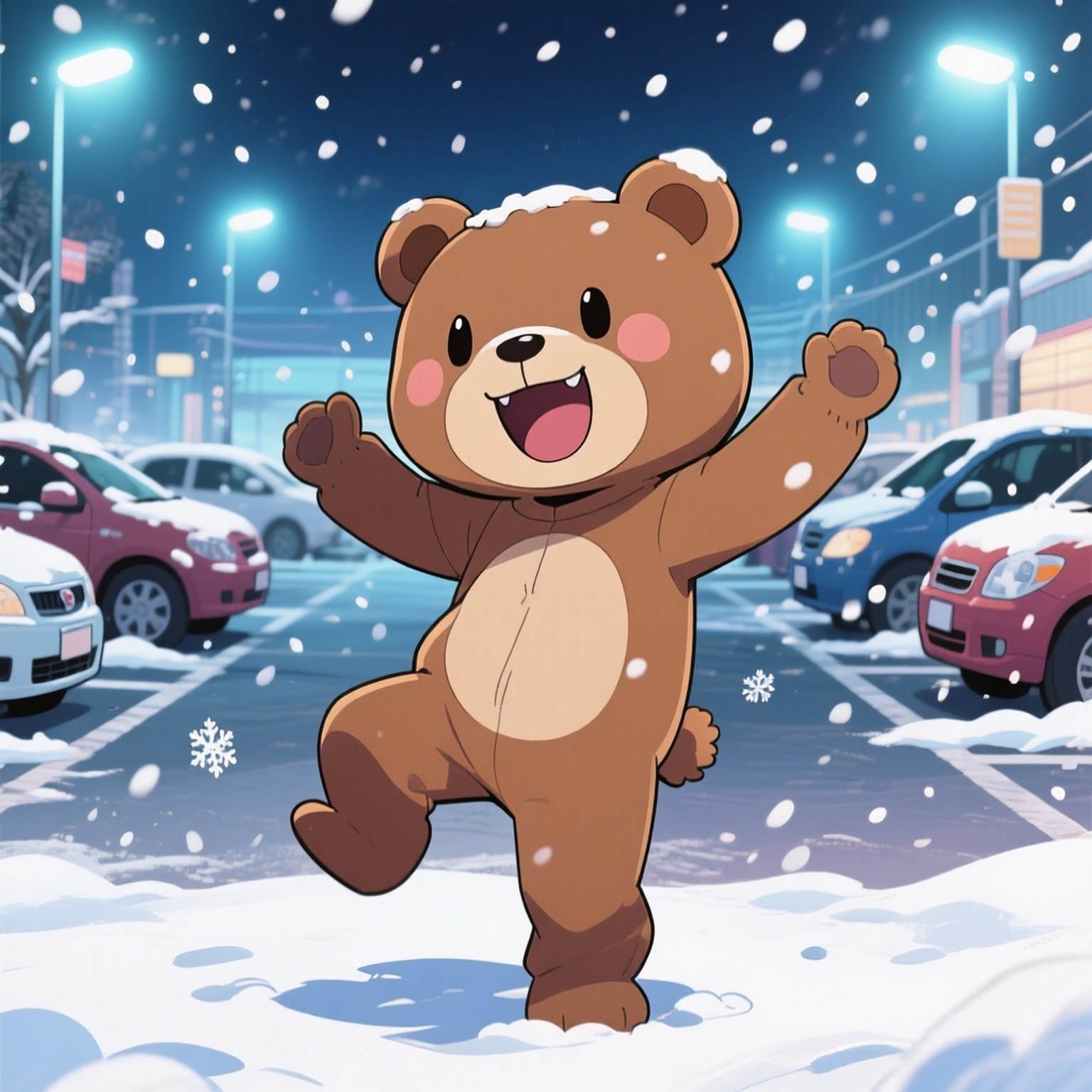 Teddie's Snow Dance 壁紙 — 一隻快樂的卡通熊在發光的街燈下，在積雪的停車場中歡快地跳舞。
