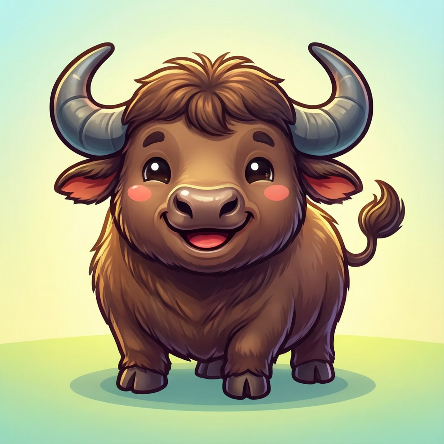 Cute Cartoon Buffalo 壁紙 — 一隻快樂的卡通野牛，有大角和燦爛的笑容，站在柔和的漸變背景上。