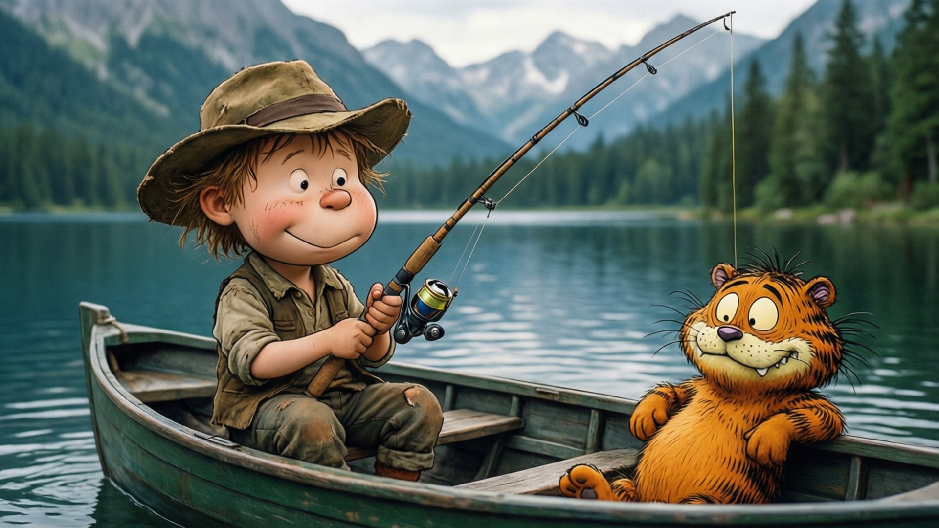 Fishing Trip 壁紙 — 一個戴帽子的快樂卡通男孩在山上湖中從綠色船上釣魚，旁邊有一隻咧嘴笑的橙色貓咪。