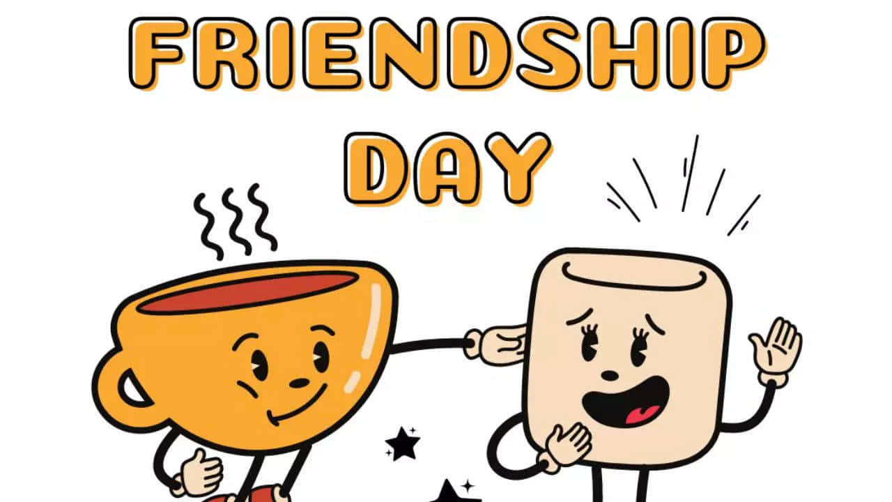 壁紙 — 一個開心的卡通咖啡杯和棉花糖擁抱，上面有「FRIENDSHIP DAY」文字。