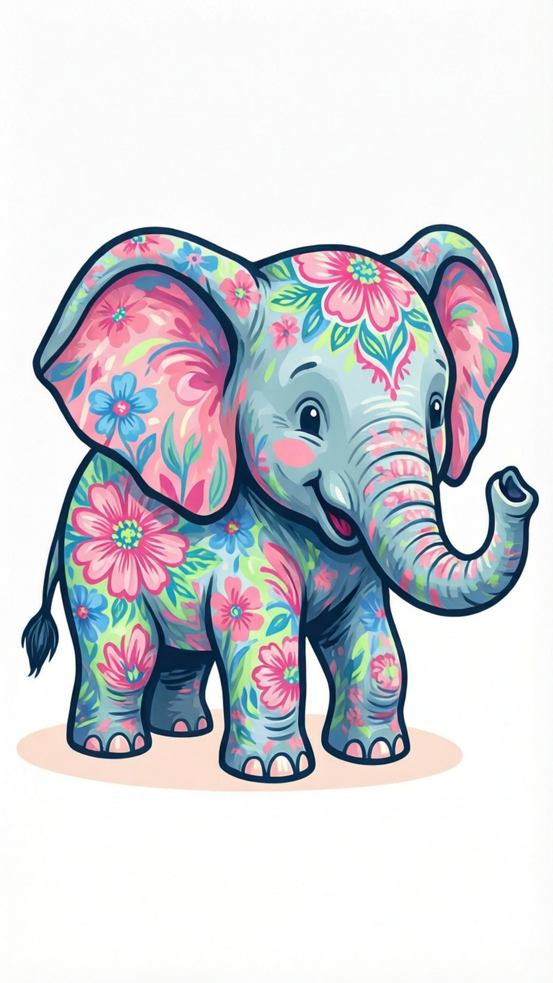 Pastel Floral Elephant 壁紙 — 一隻快樂的卡通大象，身上覆蓋著鮮豔的粉紅色、藍色和綠色花卉圖案，站在白色背景上的柔和桃色陰影上。
