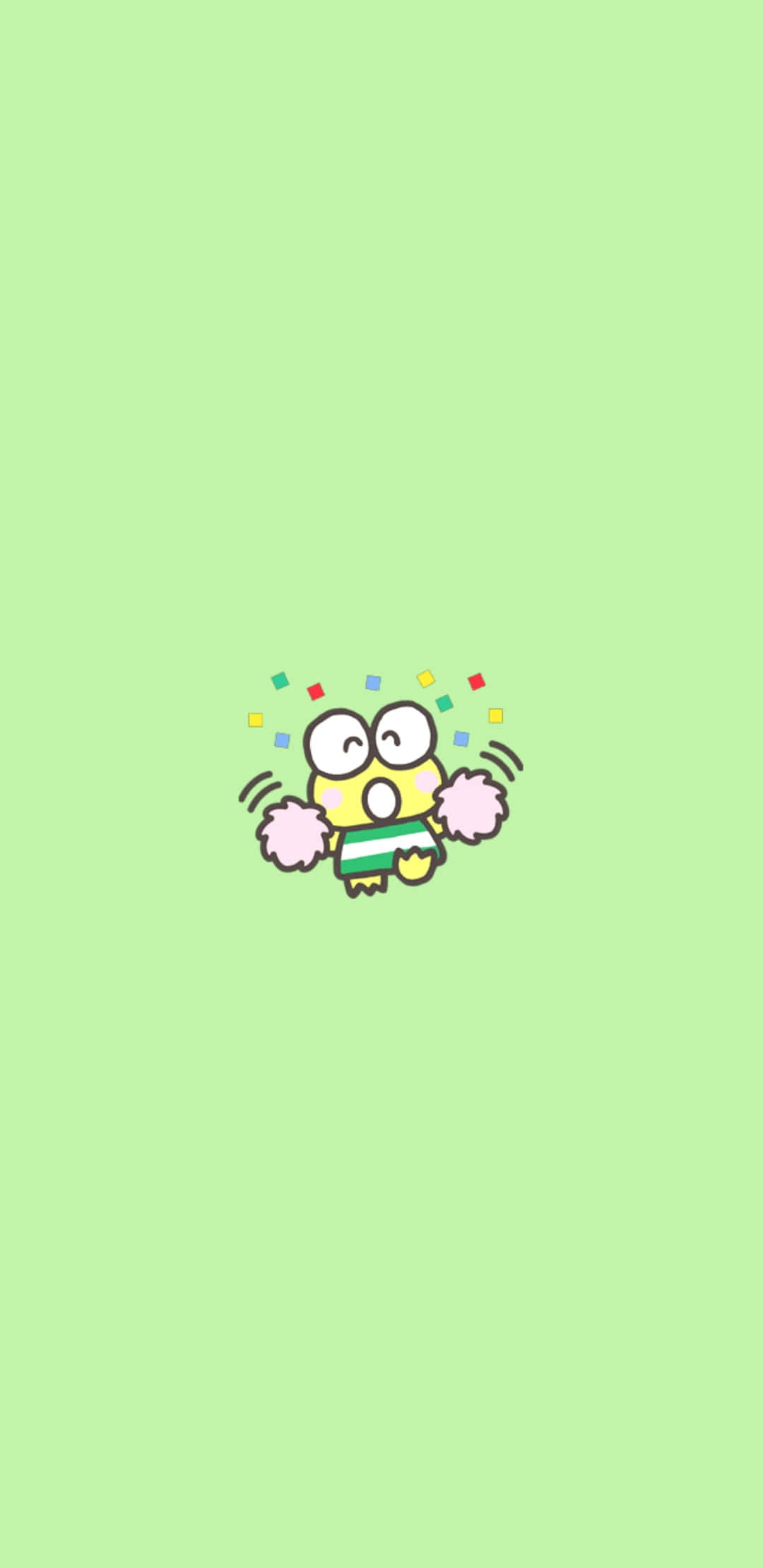 Cheerful 桌布 壁紙 — 一隻開心的卡通青蛙啦啦隊員，手持彩球和紙屑，背景是純淺綠色。