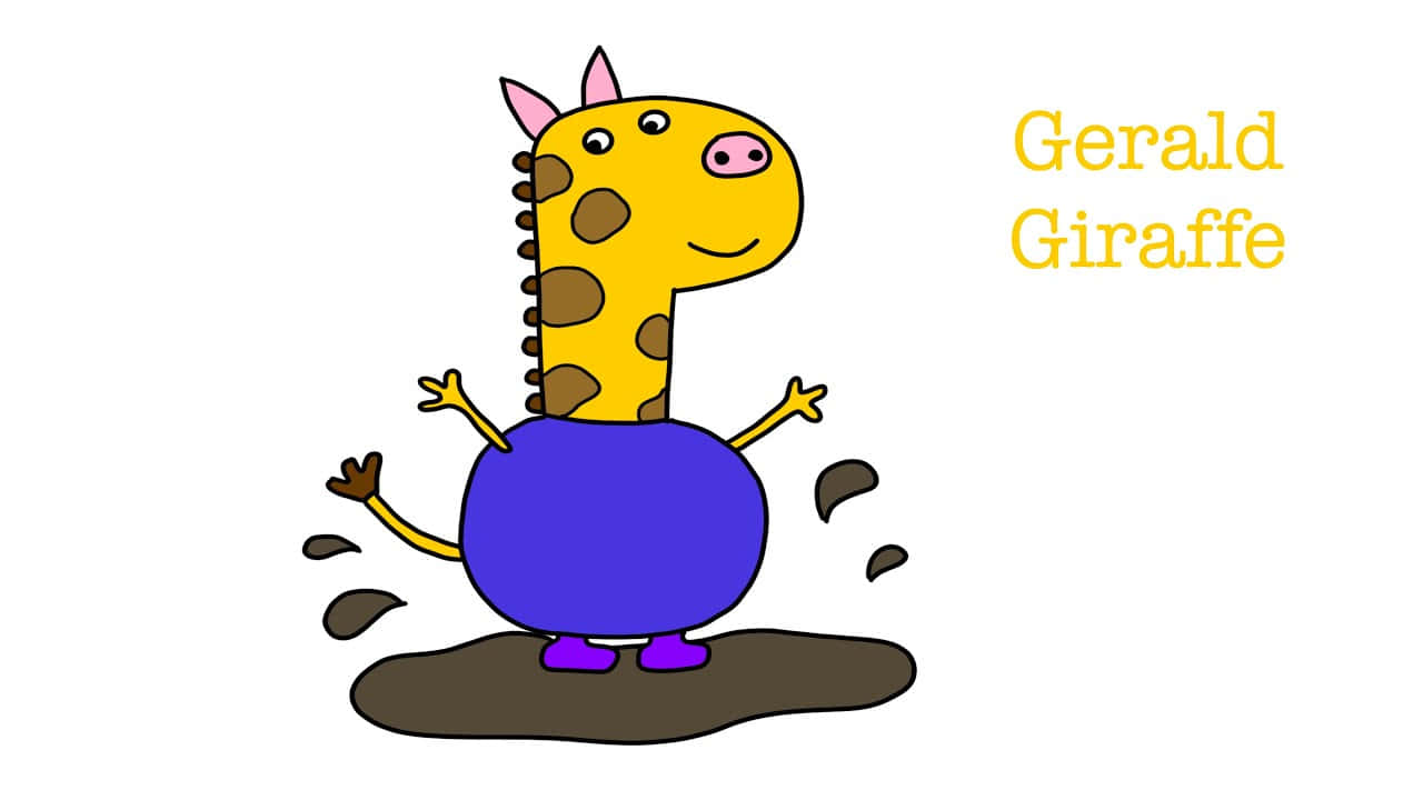  壁紙 — 一隻名叫 Gerald 的快樂卡通長頸鹿站在泥濘的水坑中，雙臂張開，表情愉快。