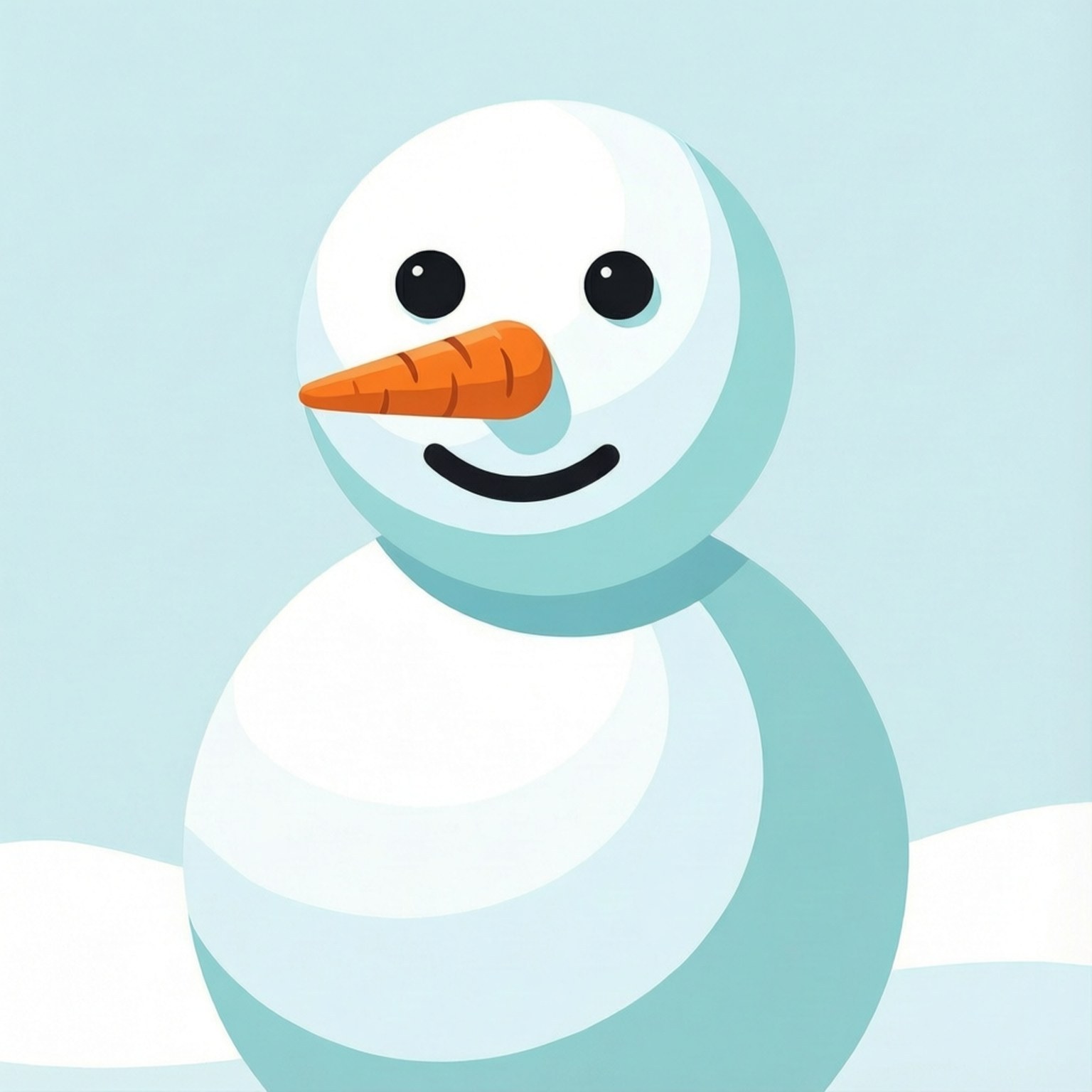Minimalist Flat Snowman 壁紙 — 一個快樂的卡通雪人，有胡蘿蔔鼻子和微笑的臉，站在柔和的藍色背景前。