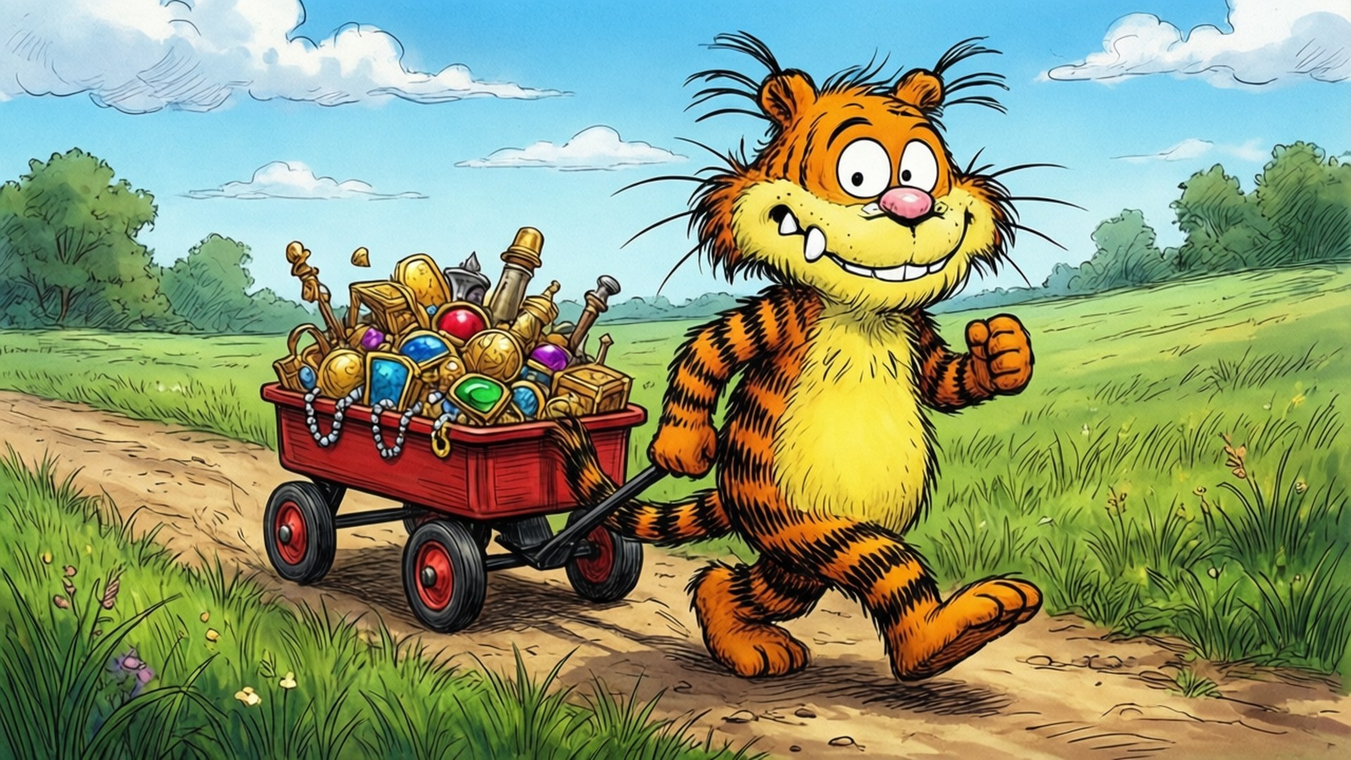 Wagon Treasures 壁紙 — 一隻開心的卡通老虎拉著一輛紅色手推車，車上裝滿了色彩繽紛的寶石和寶藏，穿過藍天下的一片草地。