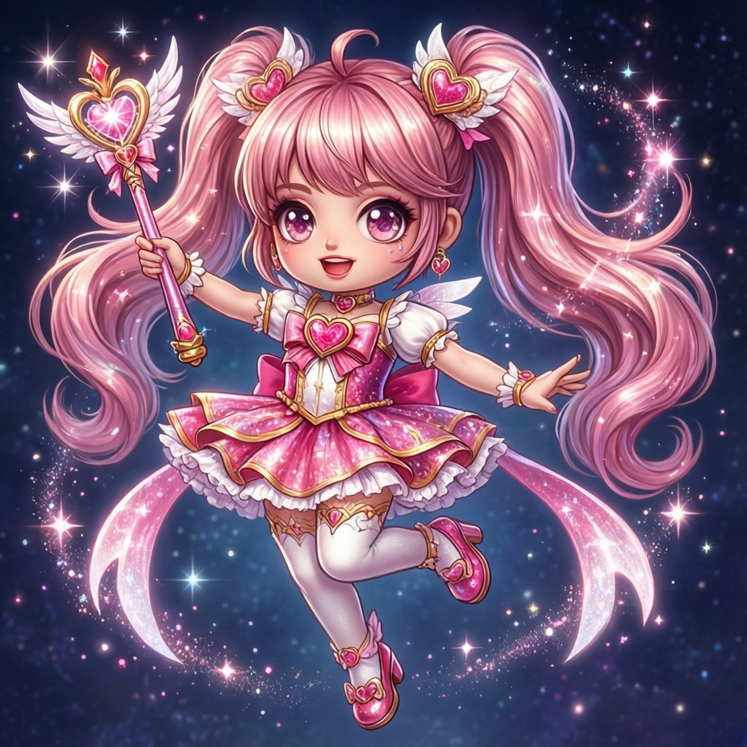 Magical Transformation 壁紙 — 一個開心的粉紅頭髮心形飾物小精靈女孩在星空夜空中漂浮，手持閃閃發光的魔法棒。