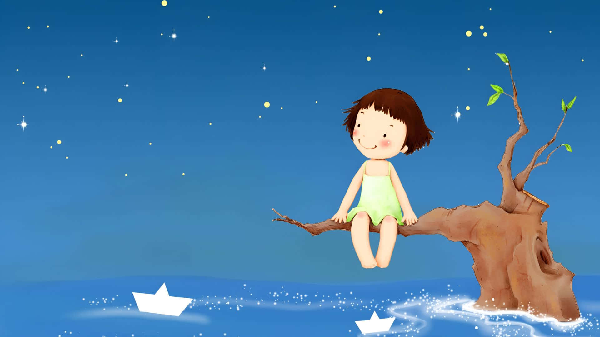  壁紙 — 一個快樂的孩子穿著綠色連衣裙坐在樹樁上，在星光閃爍的藍色夜晚，周圍是漂浮在閃閃發光的水面上的紙船。