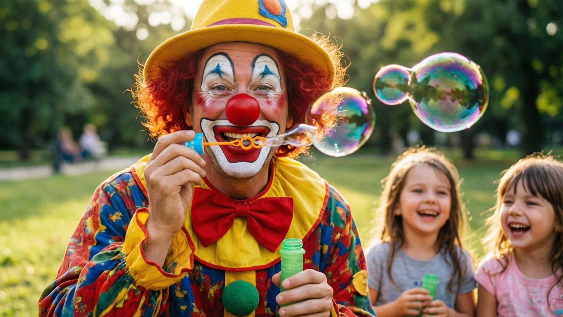 Clown Blowing Bubbles 壁紙 — 一個紅髮黃帽的快樂小丑吹出彩虹色的泡泡，兩個大笑的女孩在陽光普照的公園裡觀看。