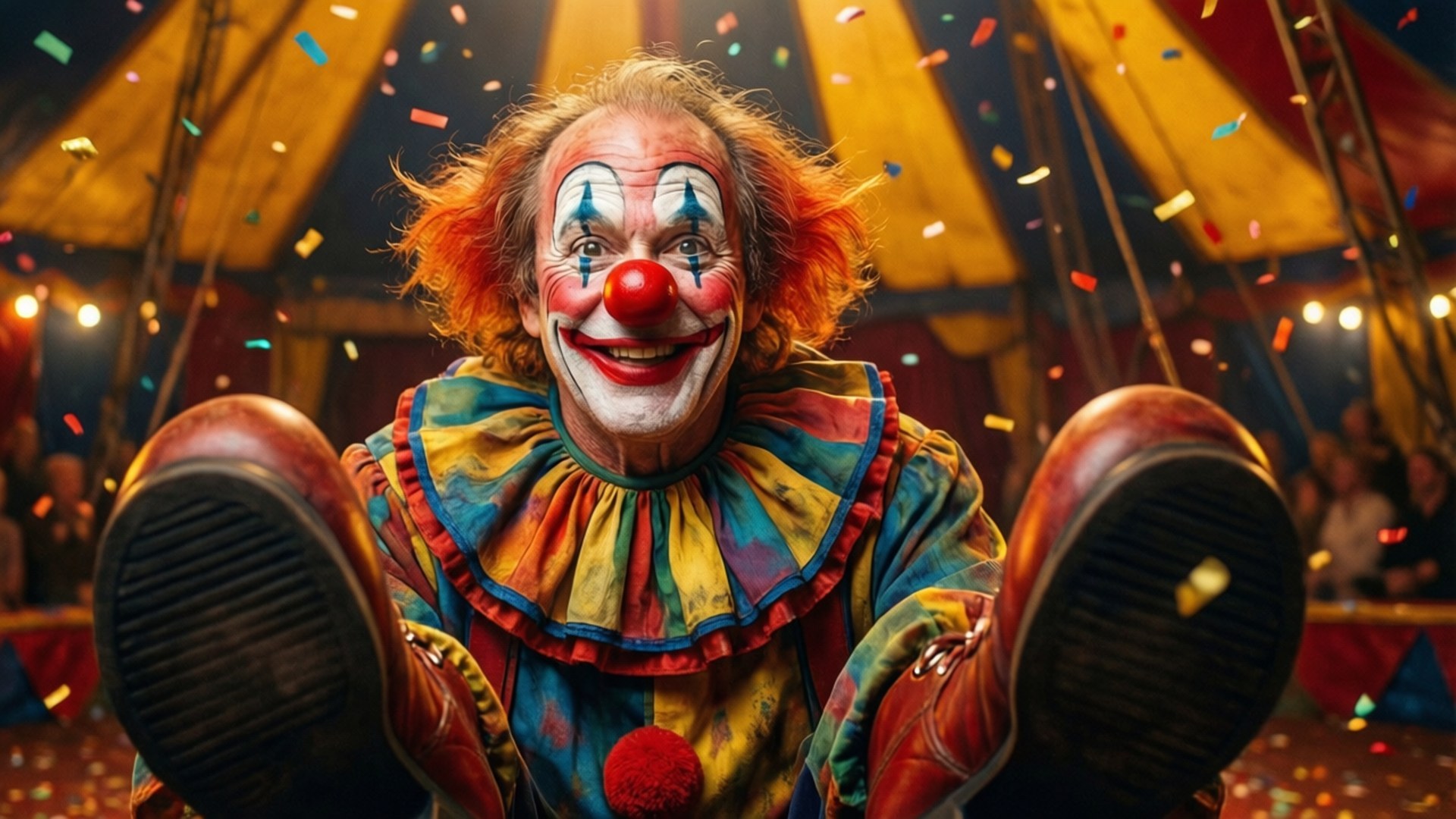 Classic Circus Clown 壁紙 — 一個快樂的小丑，紅鼻子和彩色褶邊領，微笑著在馬戲團帳篷內踢起五彩紙屑。