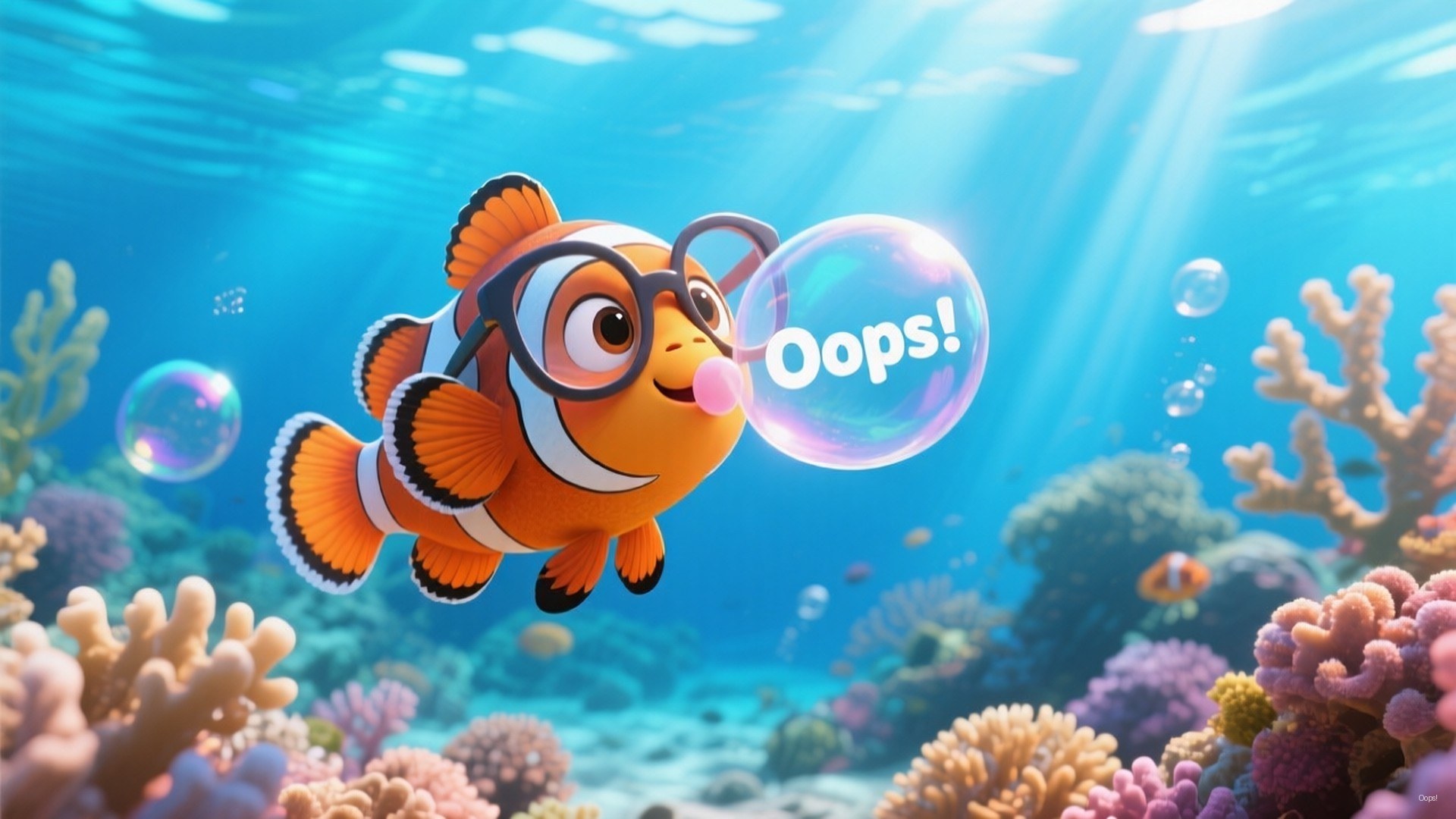 Underwater Comedy Gold 壁紙 — 一條戴眼鏡的快樂小丑魚在明亮的藍色海水中的生動珊瑚礁間吹出一個帶有「Oops!」字樣的泡泡。
