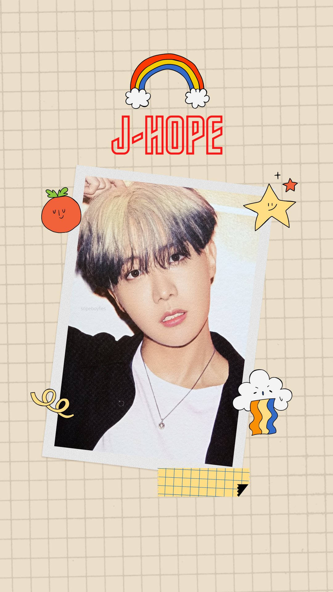 J-Hope 照片拼貼，帶有彩虹、星星和橙色卡通貼紙在網格背景上。 — Bts 壁紙