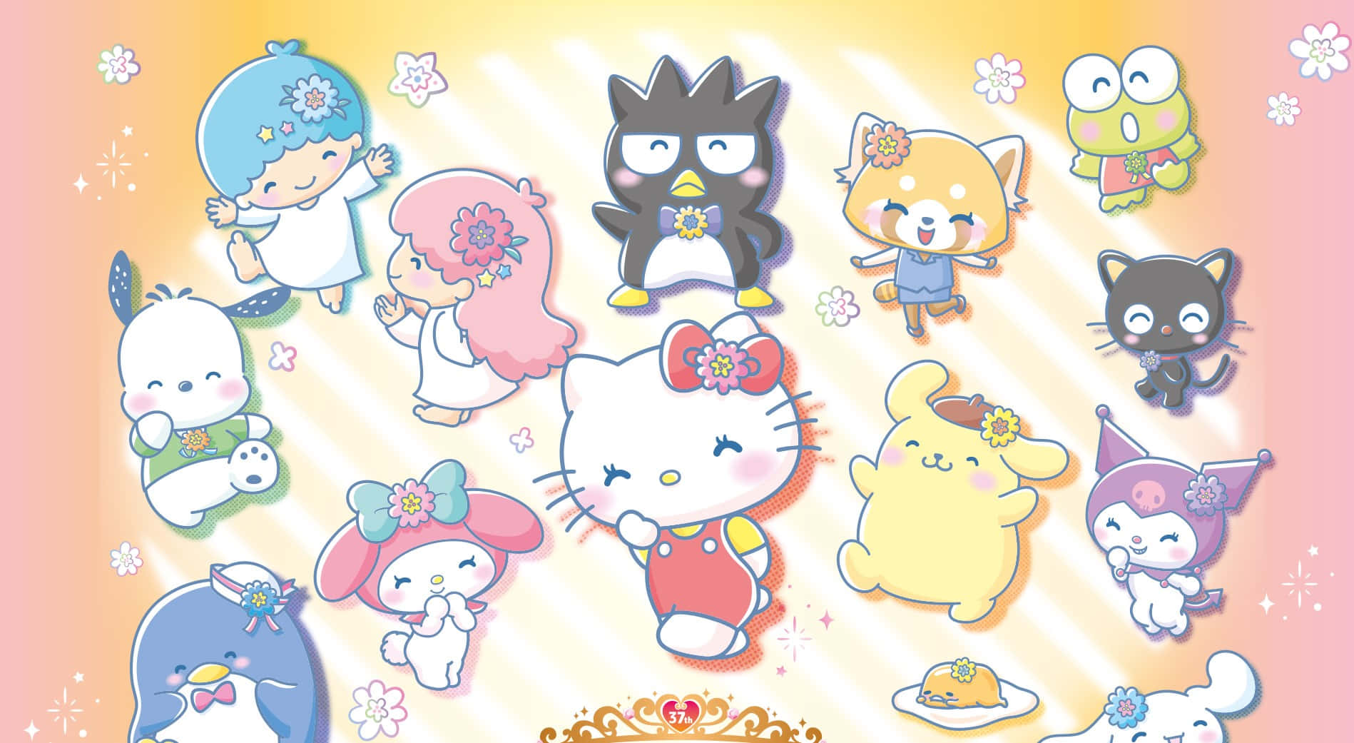 Sanrio角色在粉彩天空中與花朵一起漂浮 — Hello Kitty 壁紙