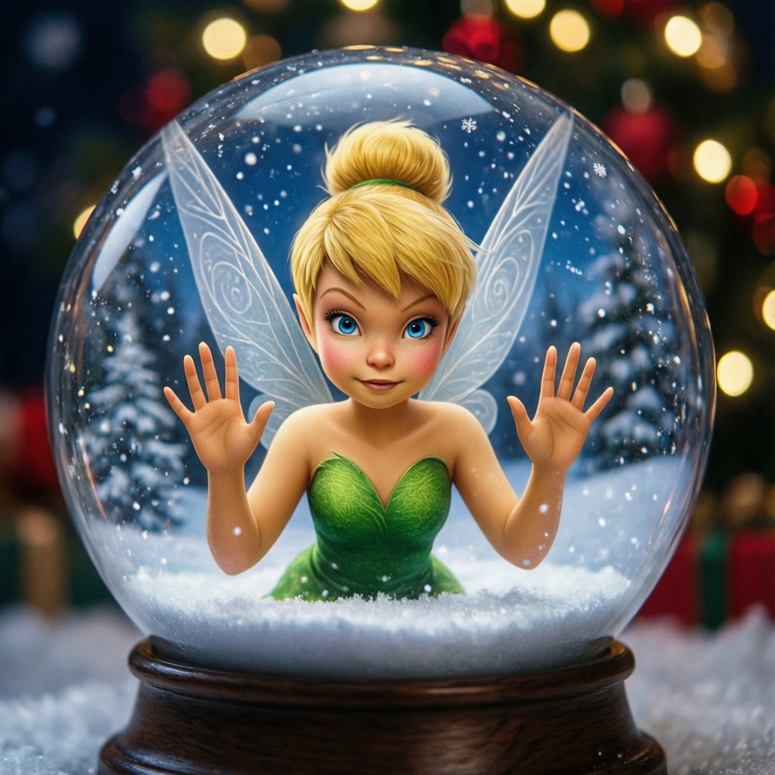 Trapped in a Snow Globe 壁紙 — 一個快樂的金髮仙女穿著綠色裙子坐在雪球內，周圍是飄落的雪花和節日燈光。