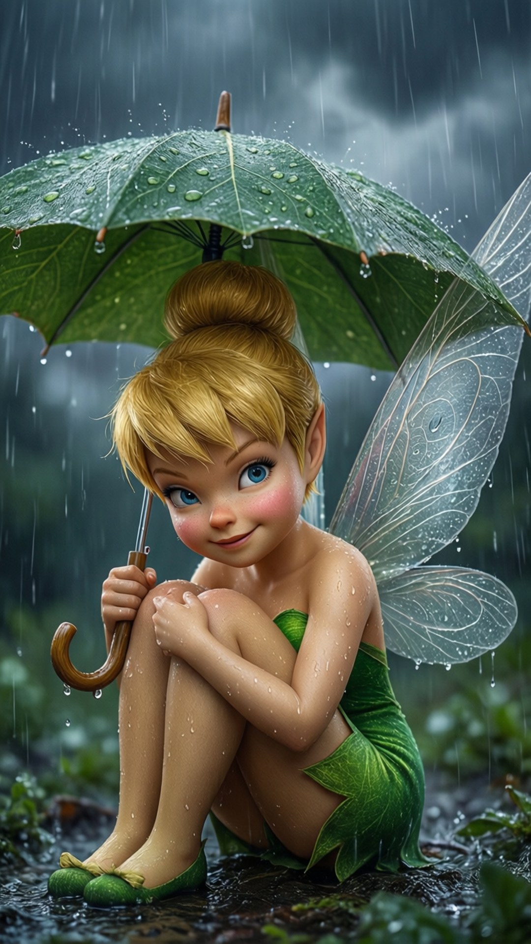 Under a Leaf Umbrella 壁紙 — 一位快樂的精靈，金髮綠裙，坐在樹葉傘下，在雨林中微笑看著觀眾。