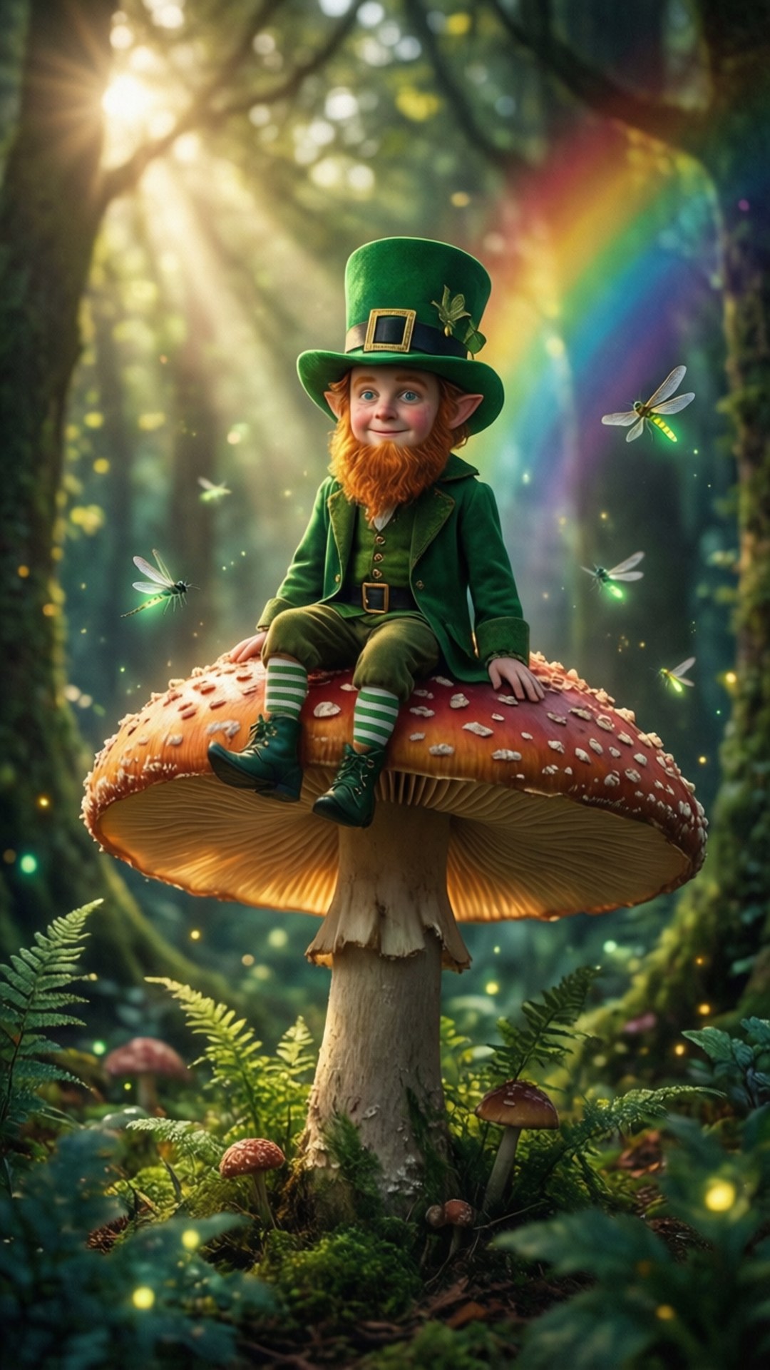 Leprechaun in Forest 壁紙 — 一個快樂的紅鬍子妖精坐在一個巨大的紅色蘑菇上，在一個陽光普照的魔法森林裡，有彩虹和發光的螢火蟲。
