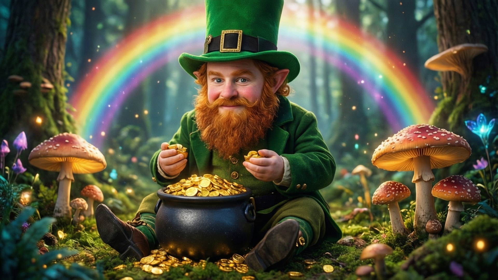 Irish 壁紙 — 一個快樂的紅鬍子妖精坐在長滿苔蘚的森林裡，手持金幣，旁邊是一個裝滿寶藏的鍋，在鮮豔的彩虹下。