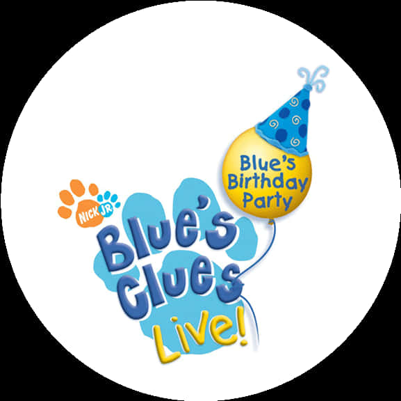 藍色 桌布 壁紙 — Blue's Clues Live 的歡樂標誌，包含藍色腳印、黃色氣球附派對帽，以及 Nick Jr. 品牌標示。