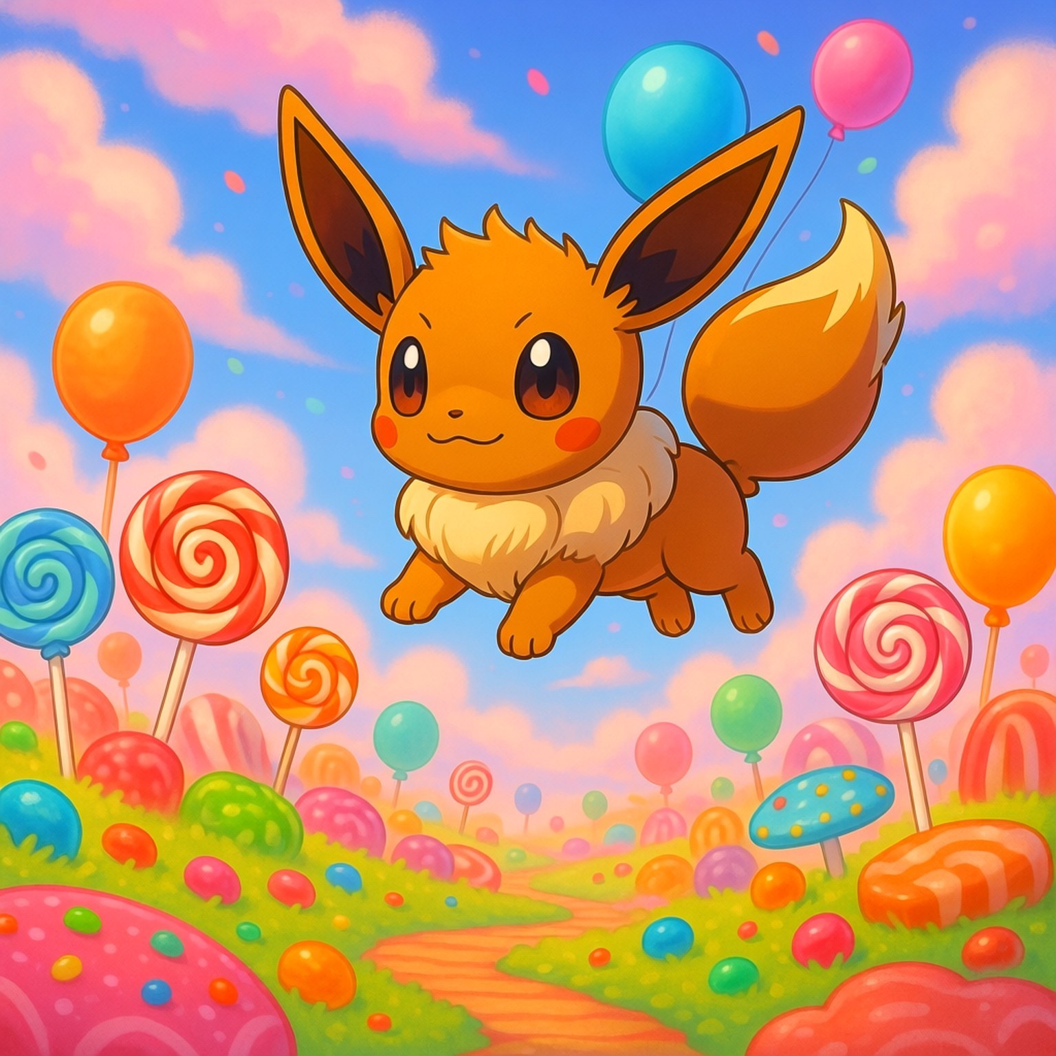 Eevee in Candy Land 壁紙 — 一隻快樂的橙色伊布在充滿巨型棒棒糖和彩色氣球的夢幻糖果地上方愉快地漂浮，背景是粉彩色的天空。