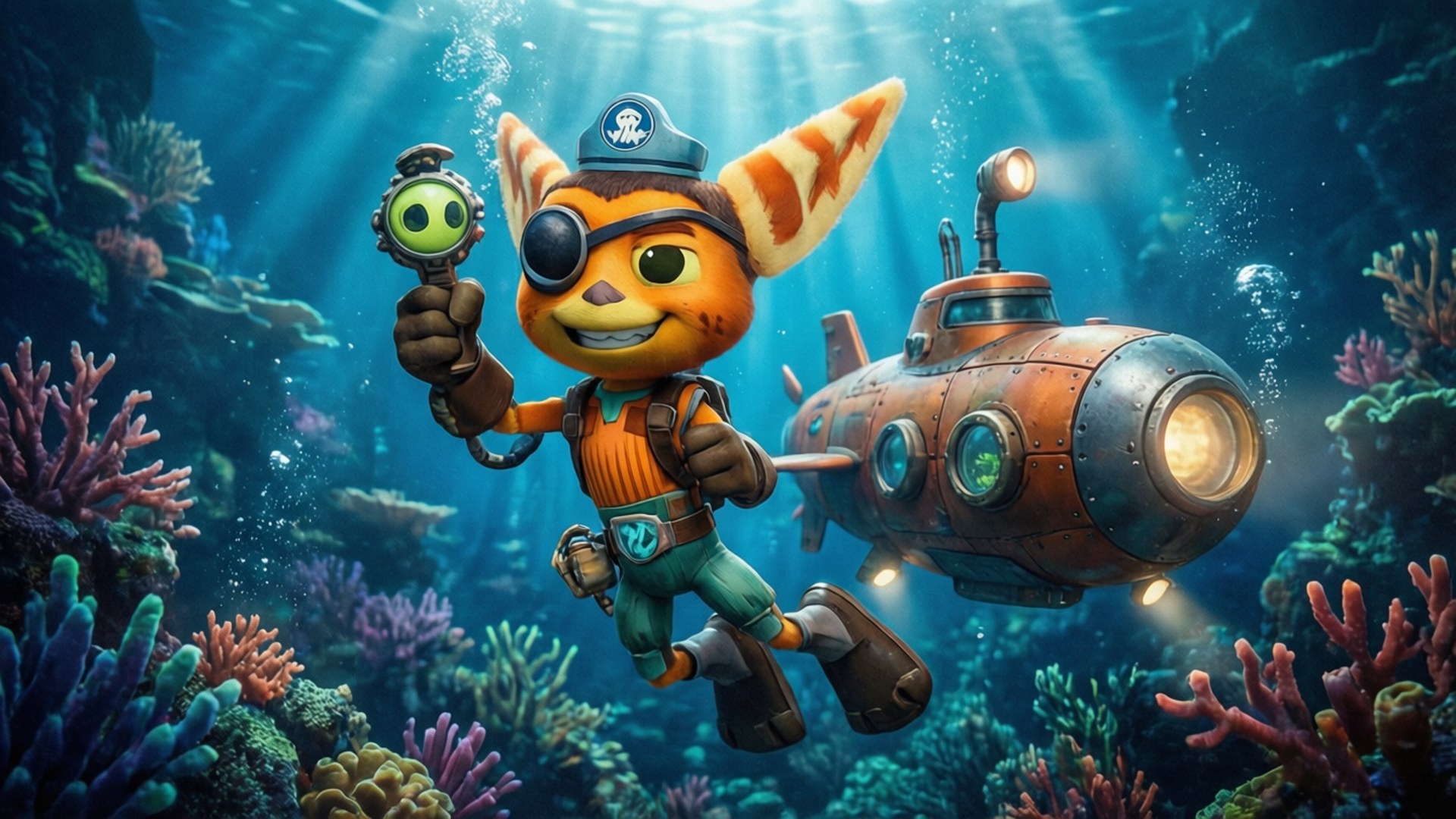 Underwater Adventure 壁紙 — 一隻戴著藍色帽子和護目鏡的開心橙色狐狸潛水員，手持發光裝置，在一艘生鏽的潛艇旁邊游過色彩繽紛的珊瑚礁。