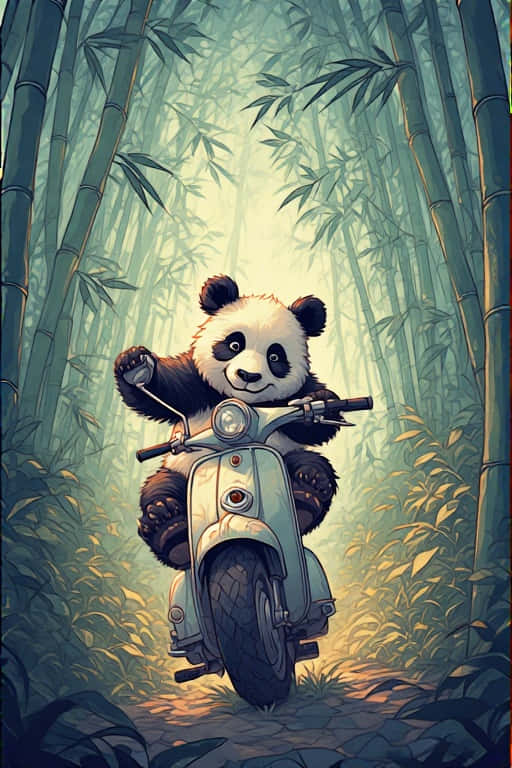 一隻熊貓騎著滑板車穿過竹林，陽光穿過樹木。 — Pastel 壁紙