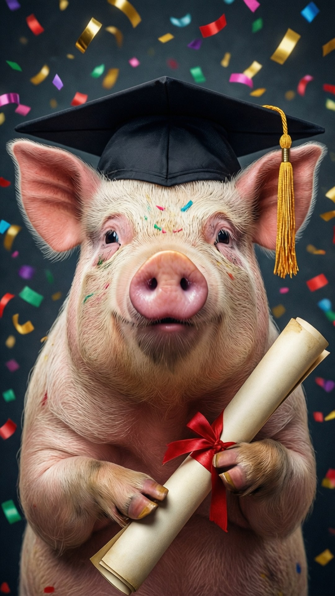 Graduation Pig 壁紙 — 一隻戴著畢業帽的開心豬在深色背景上，手持文憑，周圍有色彩繽紛的紙屑飄落。