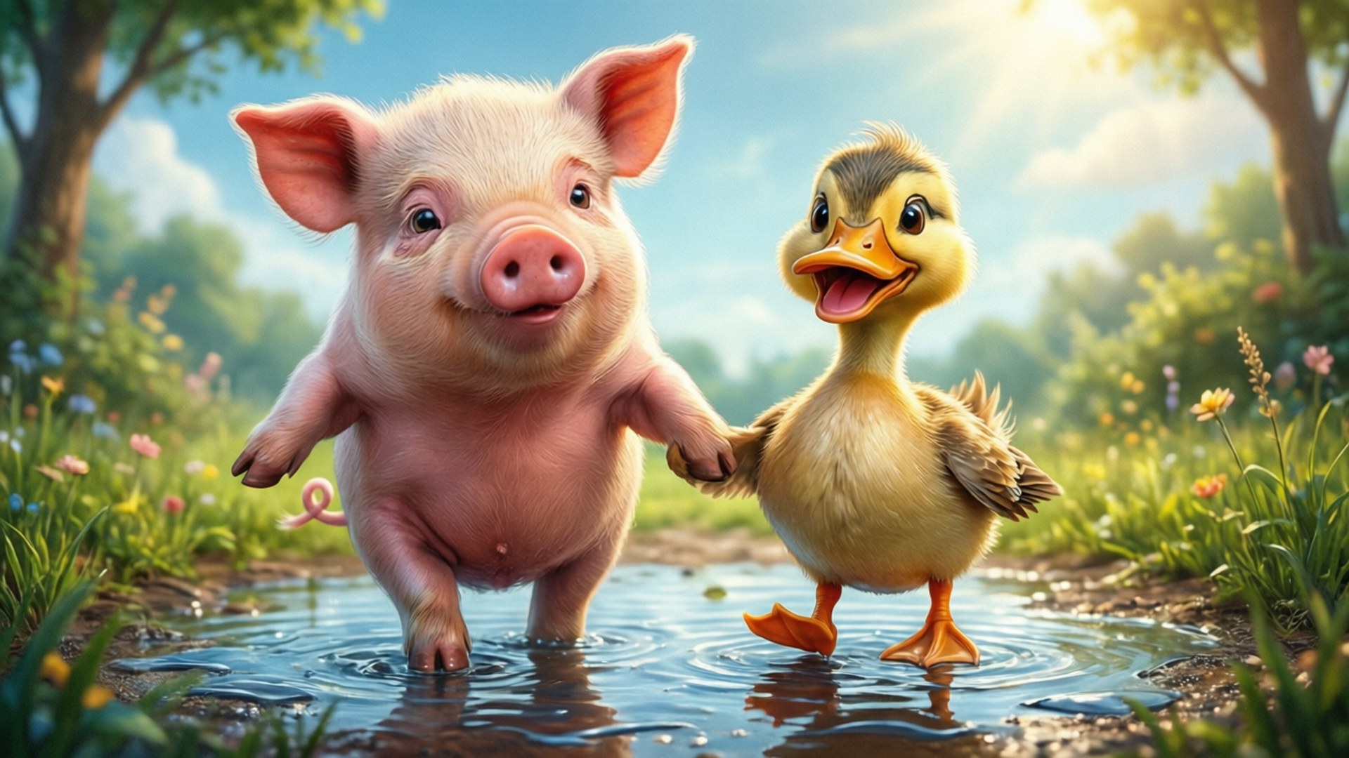 Pig and Duck Friends 壁紙 — 一隻快樂的粉紅色豬和一隻黃色小鴨手牽手，在陽光明媚的草地上涉水穿過一個水坑。