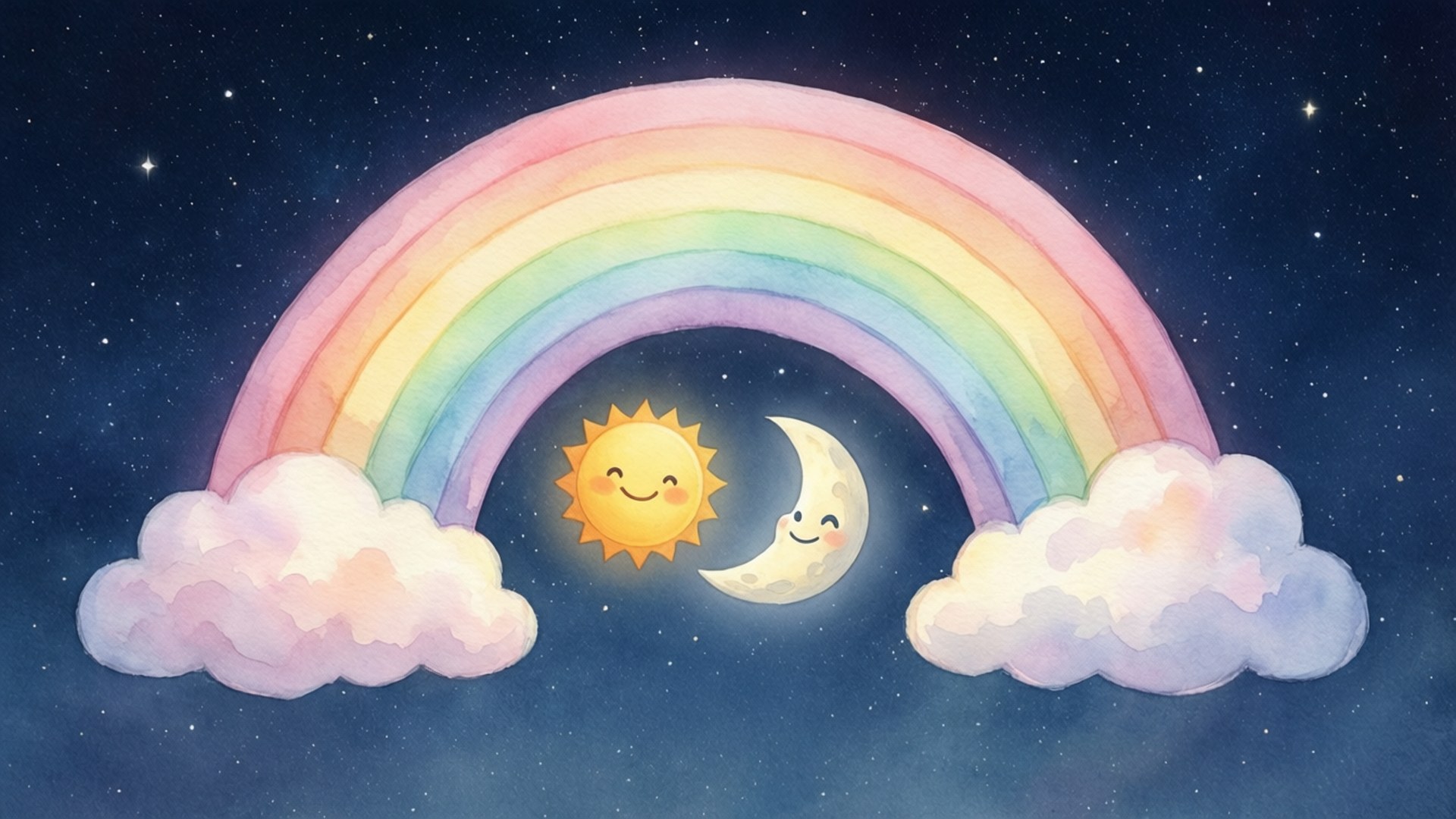 Sun and Moon Rainbow 壁紙 — 一道歡樂的彩虹在蓬鬆的雲朵之間拱起，微笑的太陽和月亮在其色彩繽紛的帶子下方，襯著星空夜空。