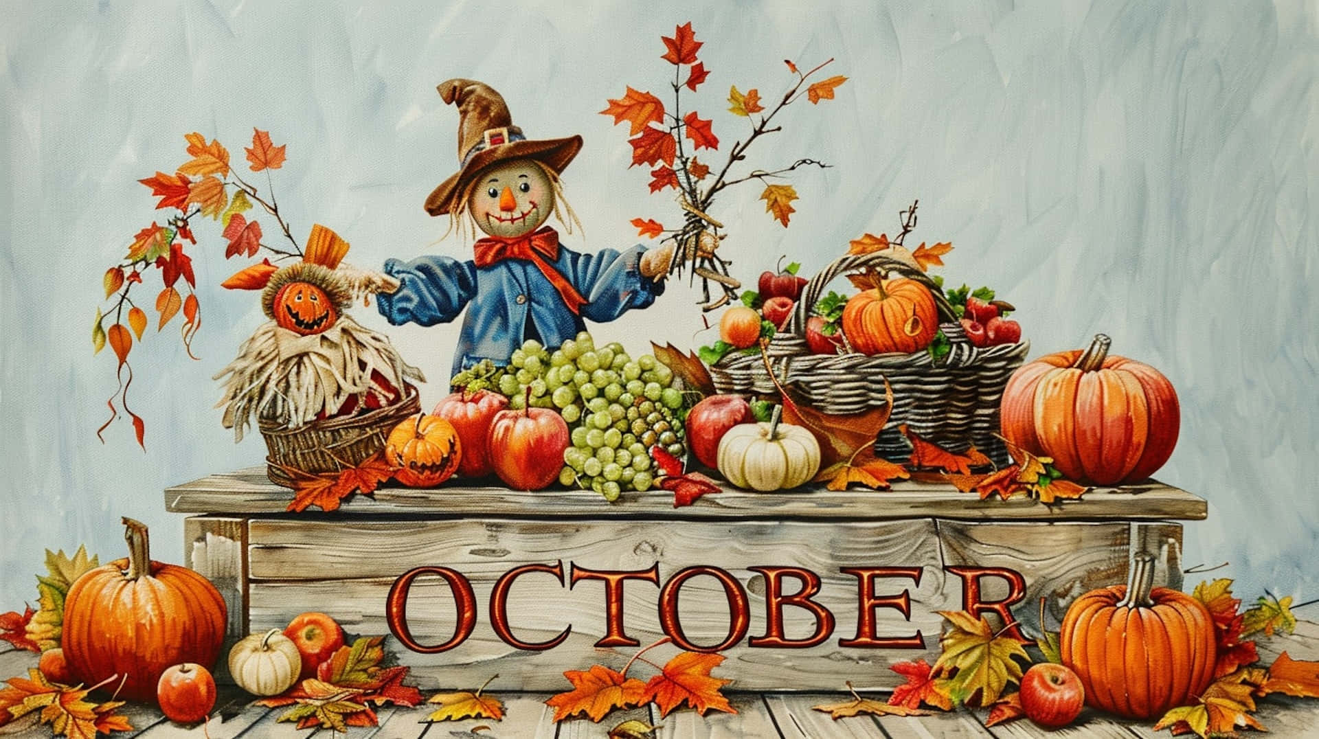 October Desktop 桌布 壁紙 — 一個戴著巫婆帽的快樂稻草人站在一個木箱後面，木箱裡裝滿了南瓜、蘋果、葡萄和秋葉，下面寫著「OCTOBER」。