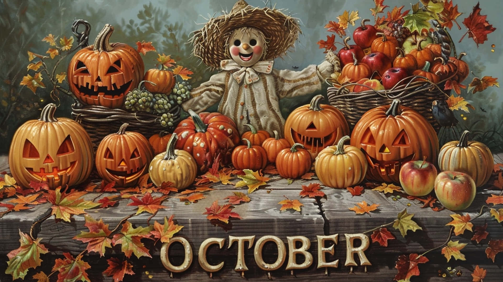 October Desktop 桌布 壁紙 — 一個快樂的稻草人在雕刻南瓜、蘋果和落下的秋葉中微笑，木桌上寫有'OCTOBER'字樣。