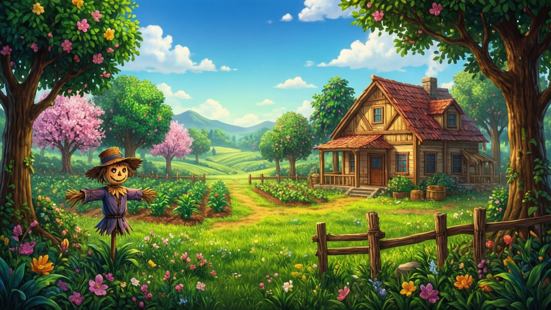 Spring Blossom Farm 壁紙 — 一個開心的稻草人站在一個充滿活力的花園裡，旁邊是一座木製農舍，頭上是晴朗的藍天和蓬鬆的白雲。