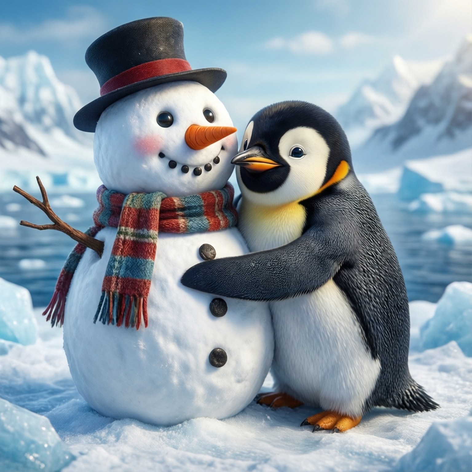 Snowman and Penguin Hug 壁紙 — 一個戴著高帽和圍巾的快樂雪人在雪山和藍水的雪景中擁抱一隻企鵝。