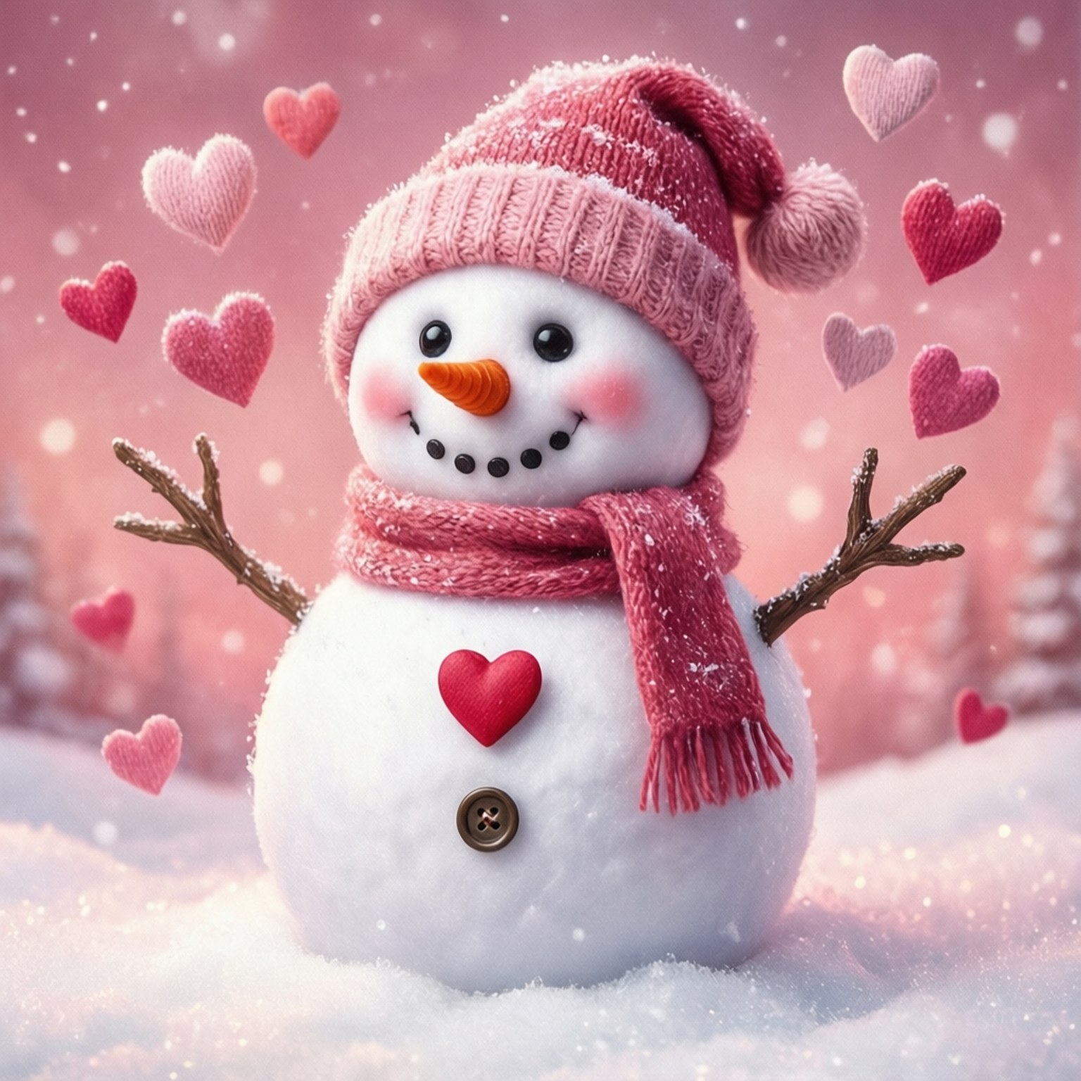 Romantic Snowman 壁紙 — 一個快樂的雪人戴著粉紅色針織帽和圍巾，站在雪景中，周圍漂浮著愛心。
