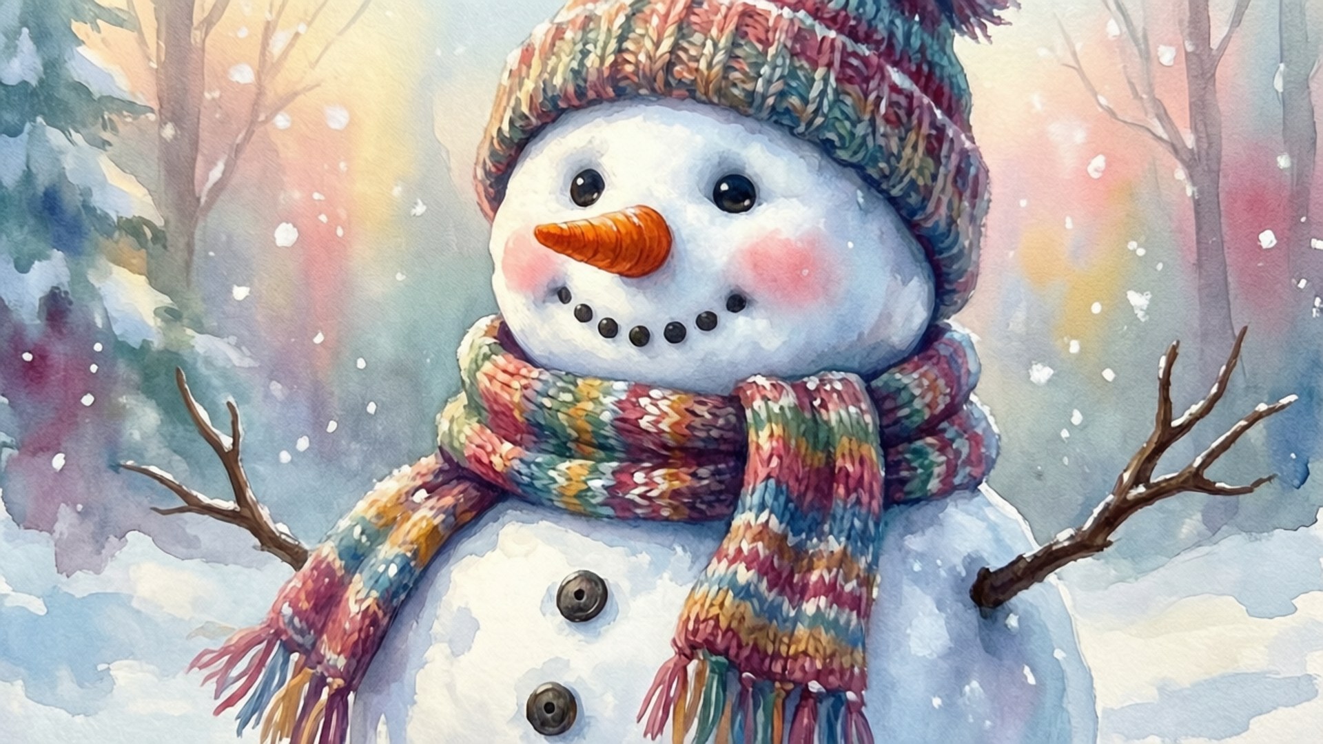 Watercolor Snowman 壁紙 — 一個快樂的雪人戴著彩色針織帽、圍巾和鈕扣眼睛，站在下雪的雪森林中。