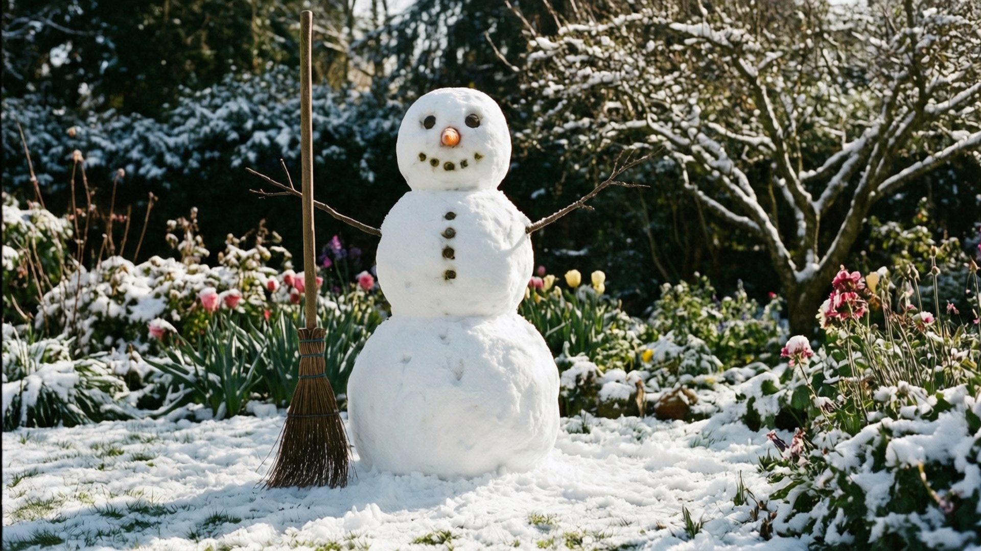 Snowman in Garden 壁紙 — 一個快樂的雪人，有胡蘿蔔鼻子和樹枝手臂，站在一個雪花的花園裡，旁邊有一把掃帚，周圍是雪花點綴的花朵和樹木。