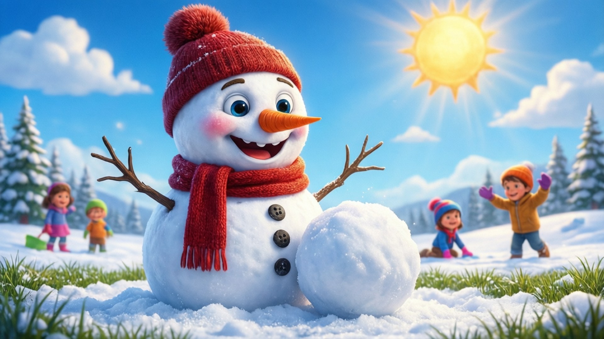 Snowman Building Snowball 壁紙 — 一個快樂的雪人戴著紅帽、圍巾和胡蘿蔔鼻子，在陽光明媚的雪地裡微笑，附近有孩子們在玩耍。