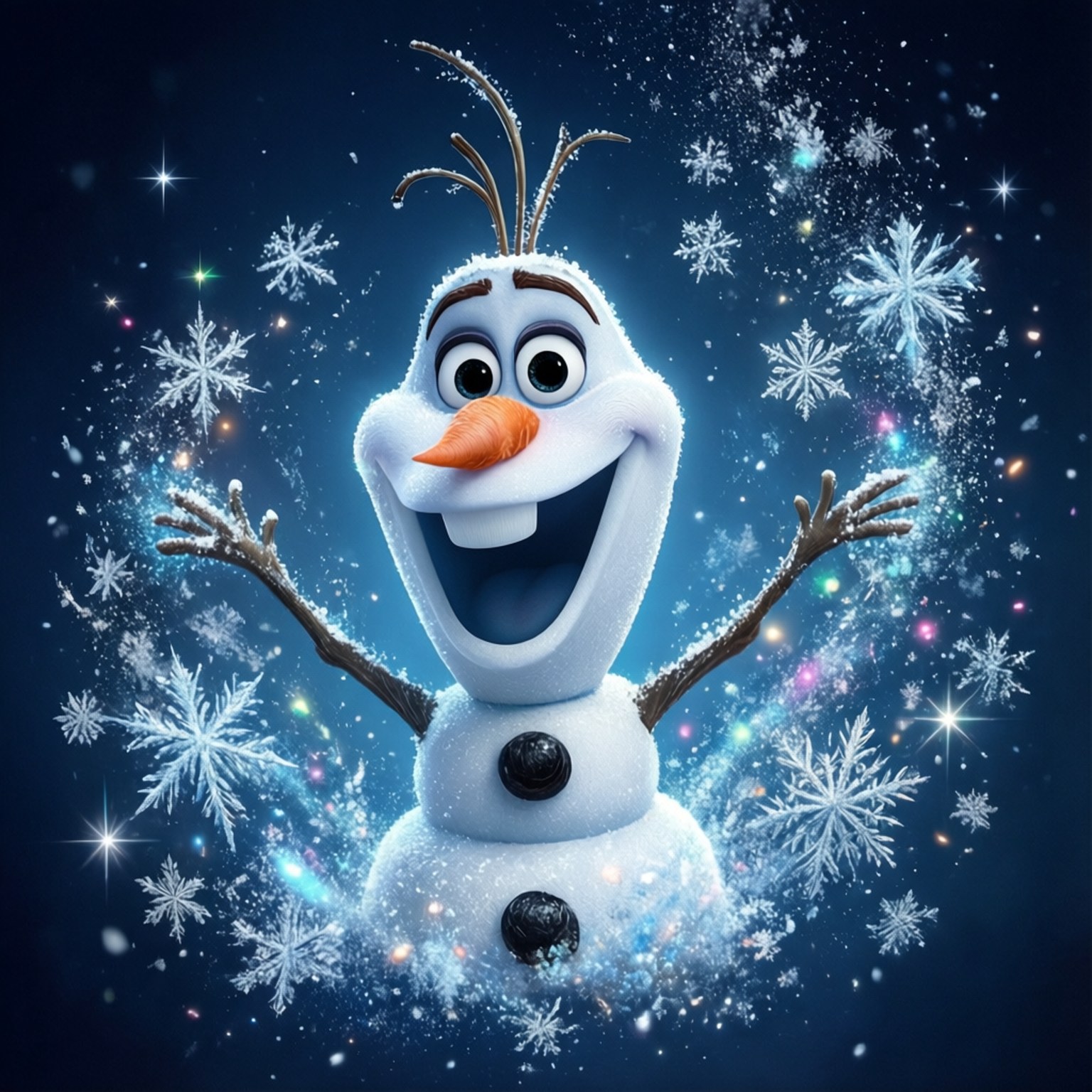 Magical Olaf Snowflakes 壁紙 — 一個快樂的雪人，有樹枝手臂和胡蘿蔔鼻子，在星光閃爍的夜空下，發光的雪花在他周圍旋轉，他開心地笑著。