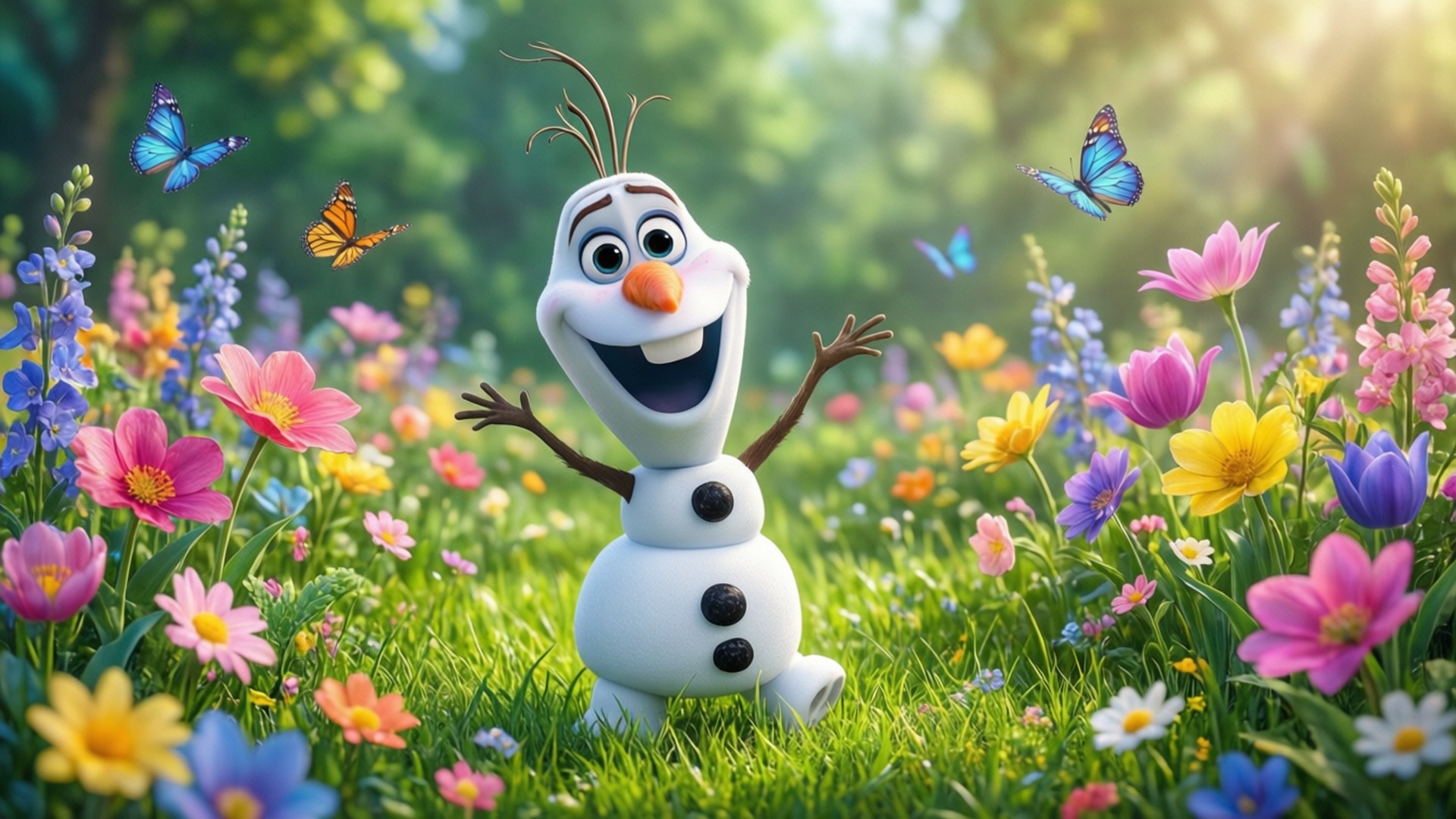 Olaf Spring Flowers 壁紙 — 一個快樂的雪人，有樹枝手臂和胡蘿蔔鼻子，站在陽光明媚的草地上，草地上開滿了色彩繽紛的野花和翩翩起舞的蝴蝶。